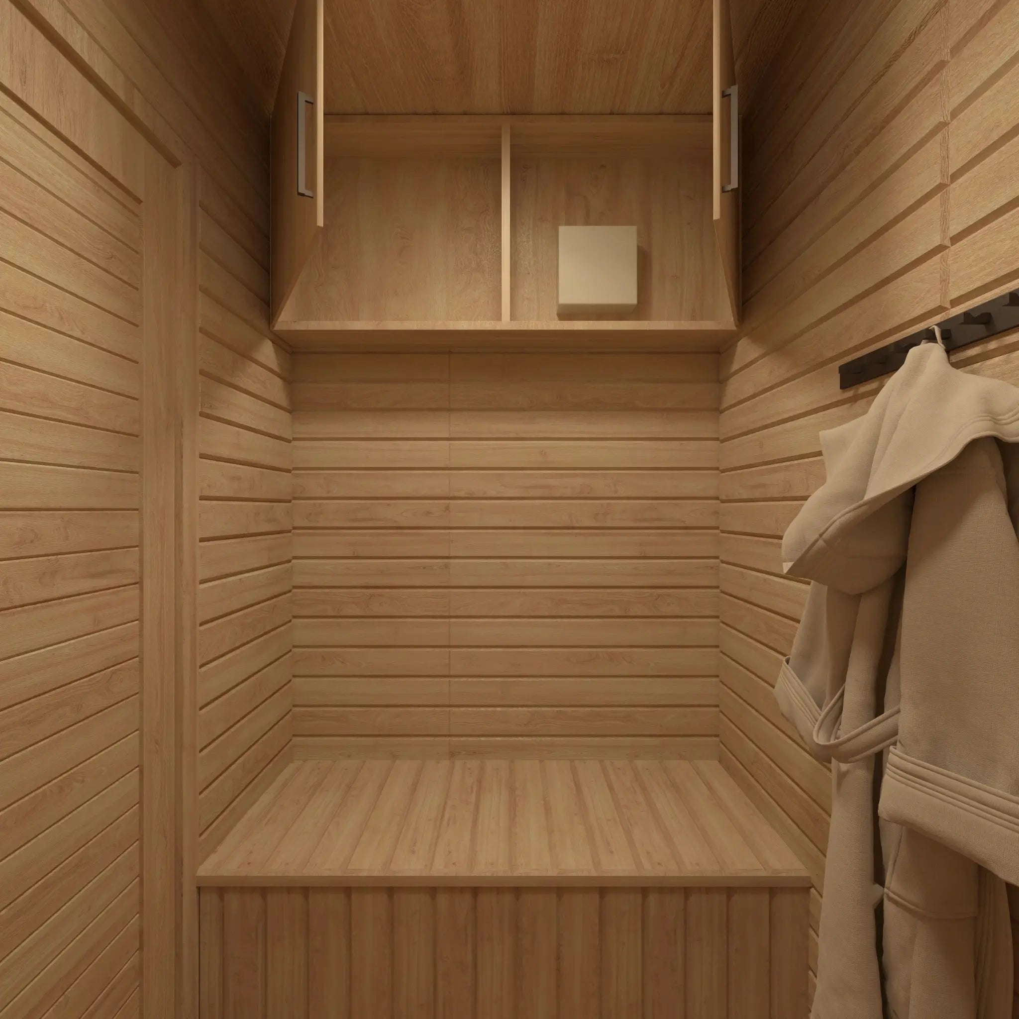 Changing room with open overhead storage cabinet inside 4 Person Traditional Outdoor Sauna Cube, featuring timber finishes and built-in bench seating.