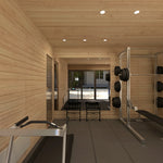 Modern gym interior in 4 Person Traditional Outdoor Sauna Cube with treadmill, free weights, squat rack and direct access to sauna and changing room.