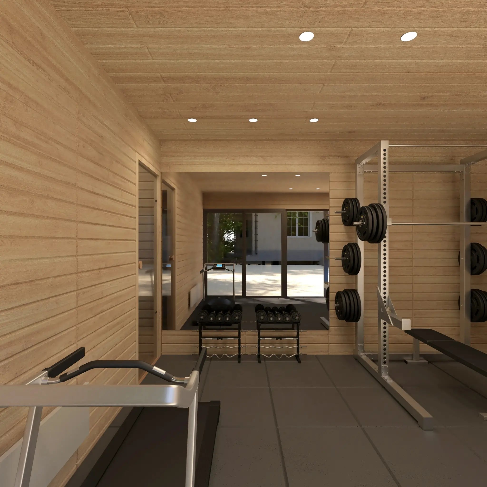 Modern gym interior in 4 Person Traditional Outdoor Sauna Cube with treadmill, free weights, squat rack and direct access to sauna and changing room.