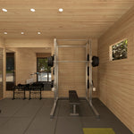 Home gym space inside 4 Person Traditional Outdoor Sauna Cube featuring strength training equipment, weight bench and timber-clad wellness interior.