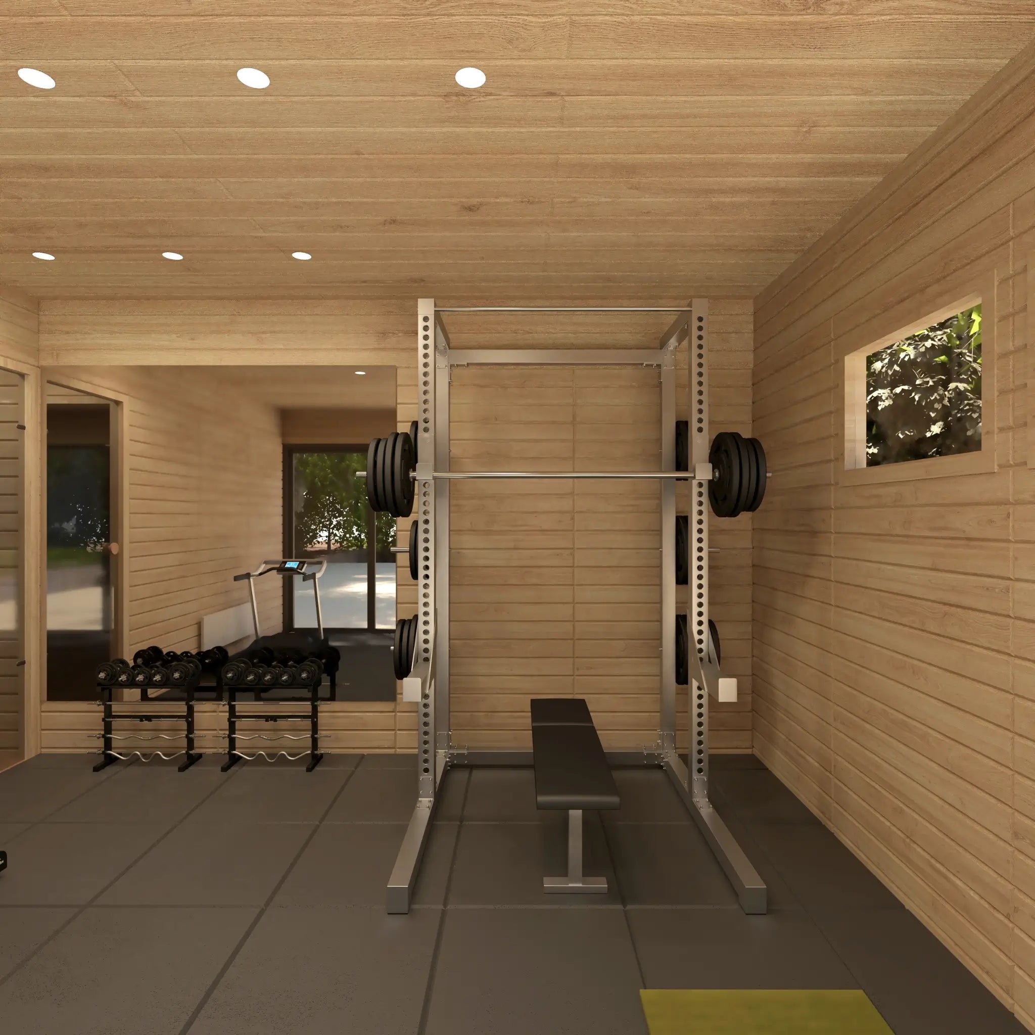 Home gym space inside 4 Person Traditional Outdoor Sauna Cube featuring strength training equipment, weight bench and timber-clad wellness interior.