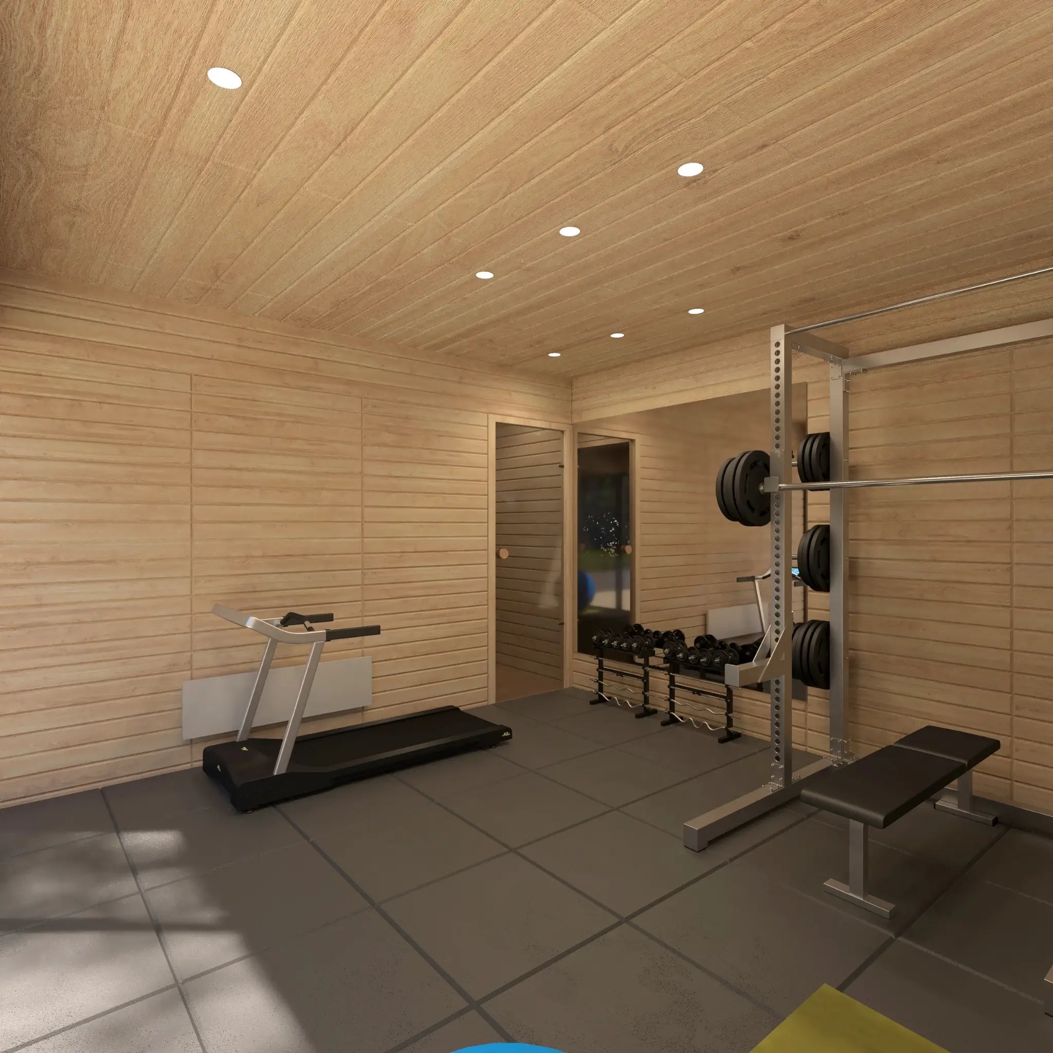 Spacious gym area in 4 Person Traditional Outdoor Sauna Cube with treadmill, squat rack, free weights.