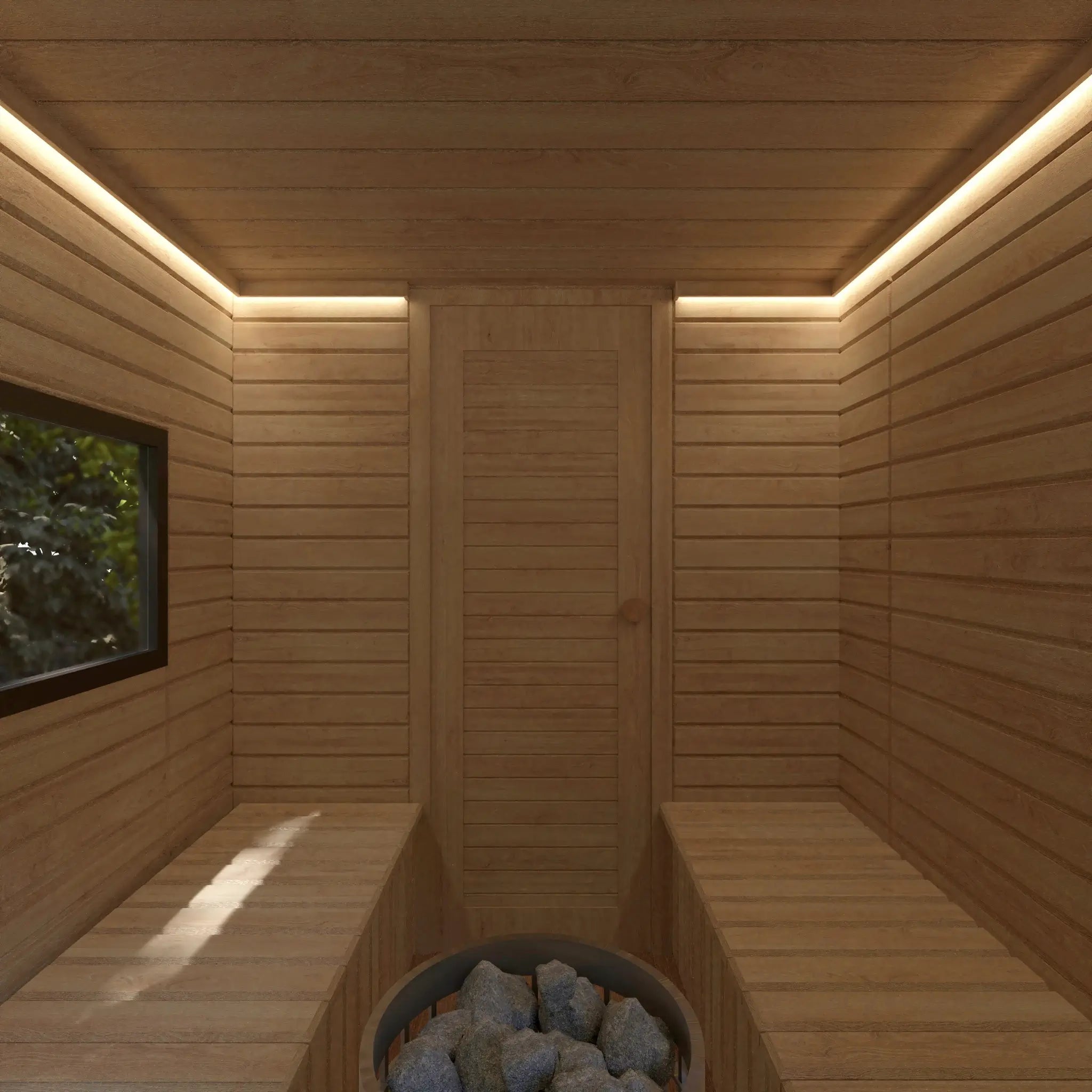 Traditional sauna room with ambient LED lighting in 4 Person Traditional Outdoor Sauna Cube featuring timber benches and premium wellness design.