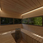 Traditional sauna interior with panoramic windows in 4 Person Traditional Outdoor Sauna Cube offering relaxing woodland views and natural light.