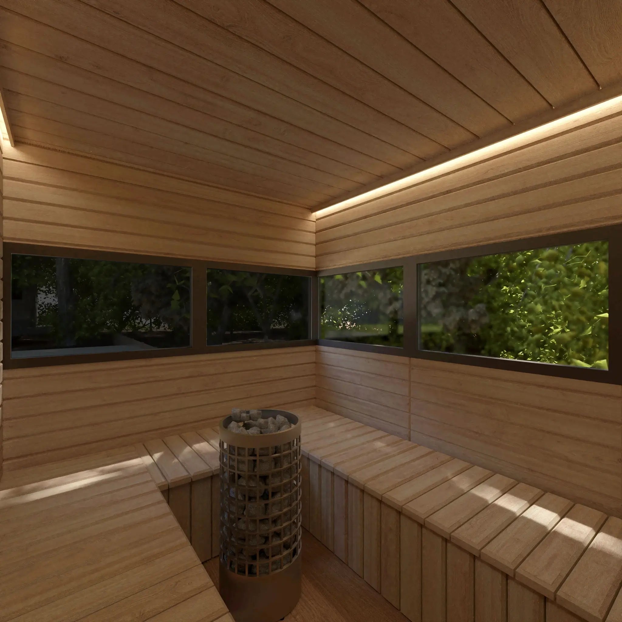 Traditional sauna interior with panoramic windows in 4 Person Traditional Outdoor Sauna Cube offering relaxing woodland views and natural light.
