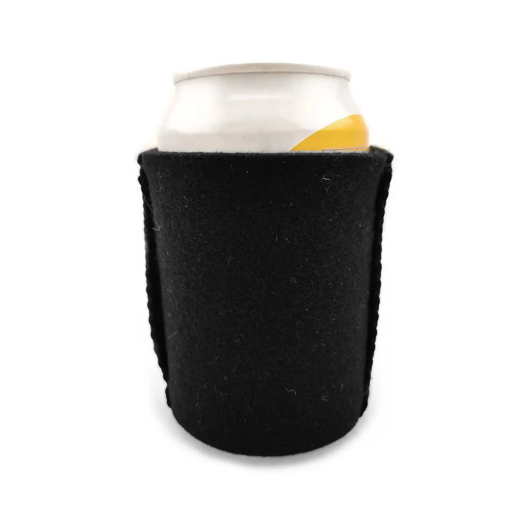 Black wool can cooler wrapped around an aluminium drink can on a white background.