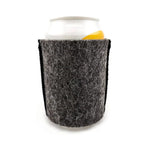 Graphite grey wool can cooler wrapped around an aluminium drink can on a white background.