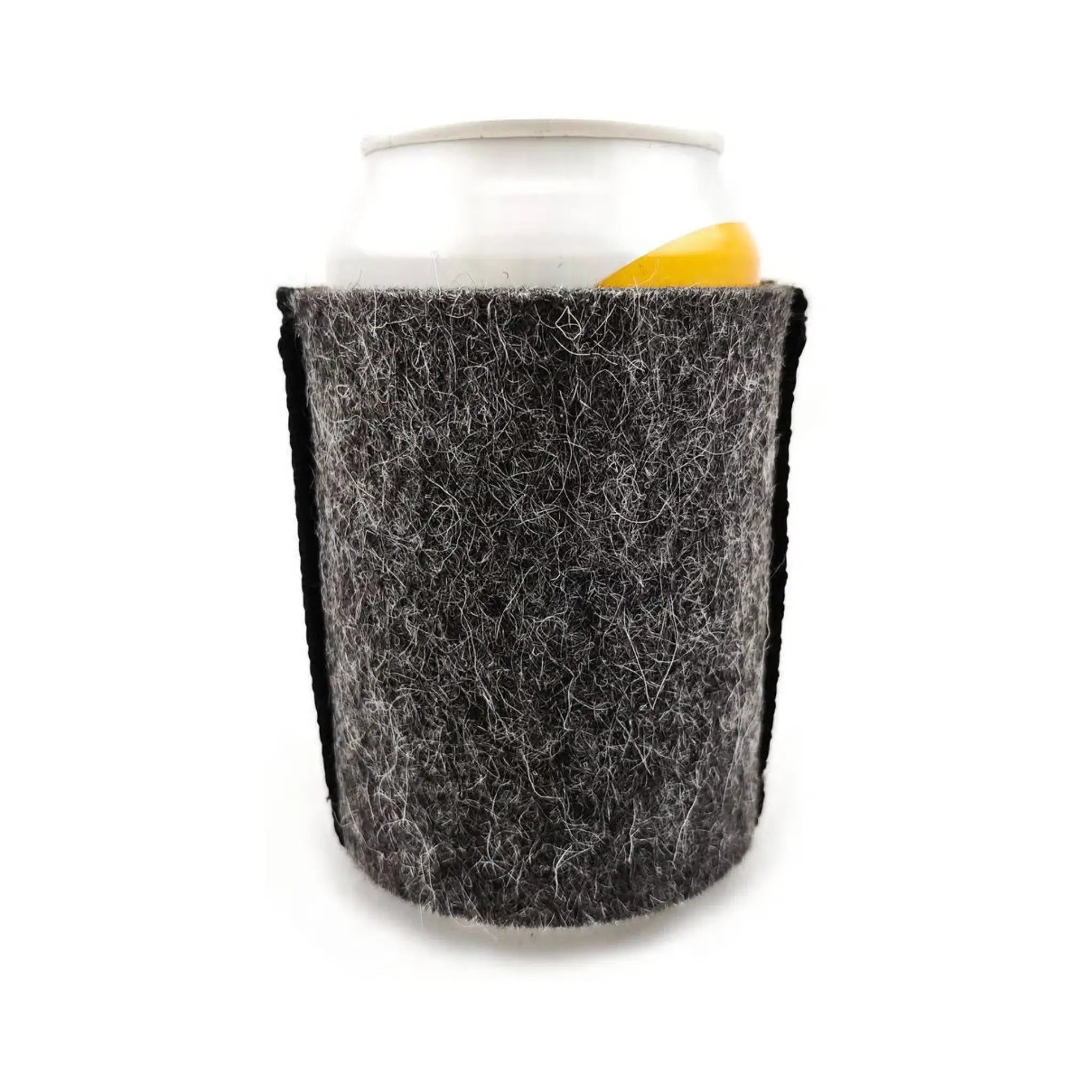 Graphite grey wool can cooler wrapped around an aluminium drink can on a white background.