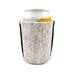 Light grey wool can cooler wrapped around an aluminium drink can on a white background.