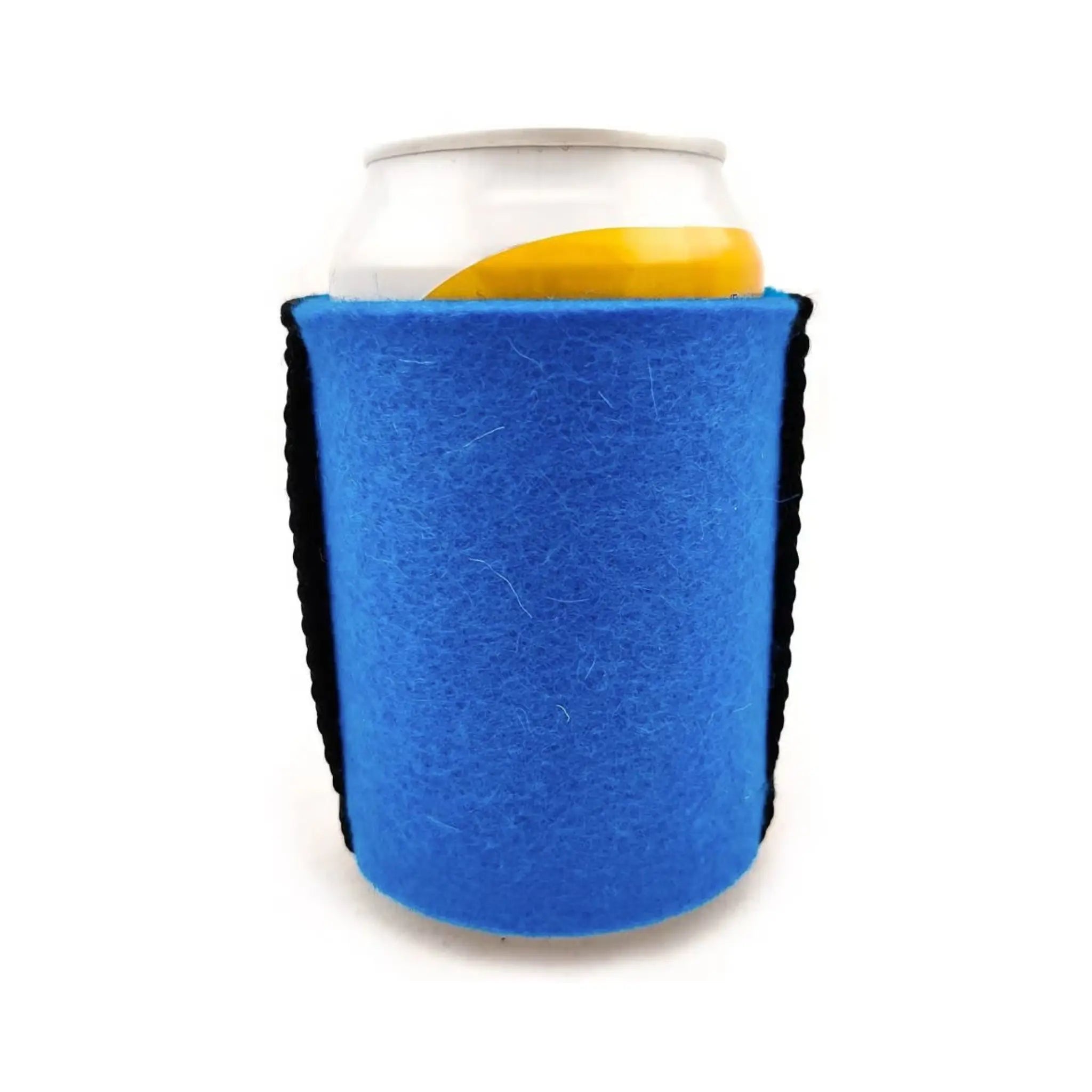 Turquoise wool can cooler wrapped around an aluminium drink can on a white background.