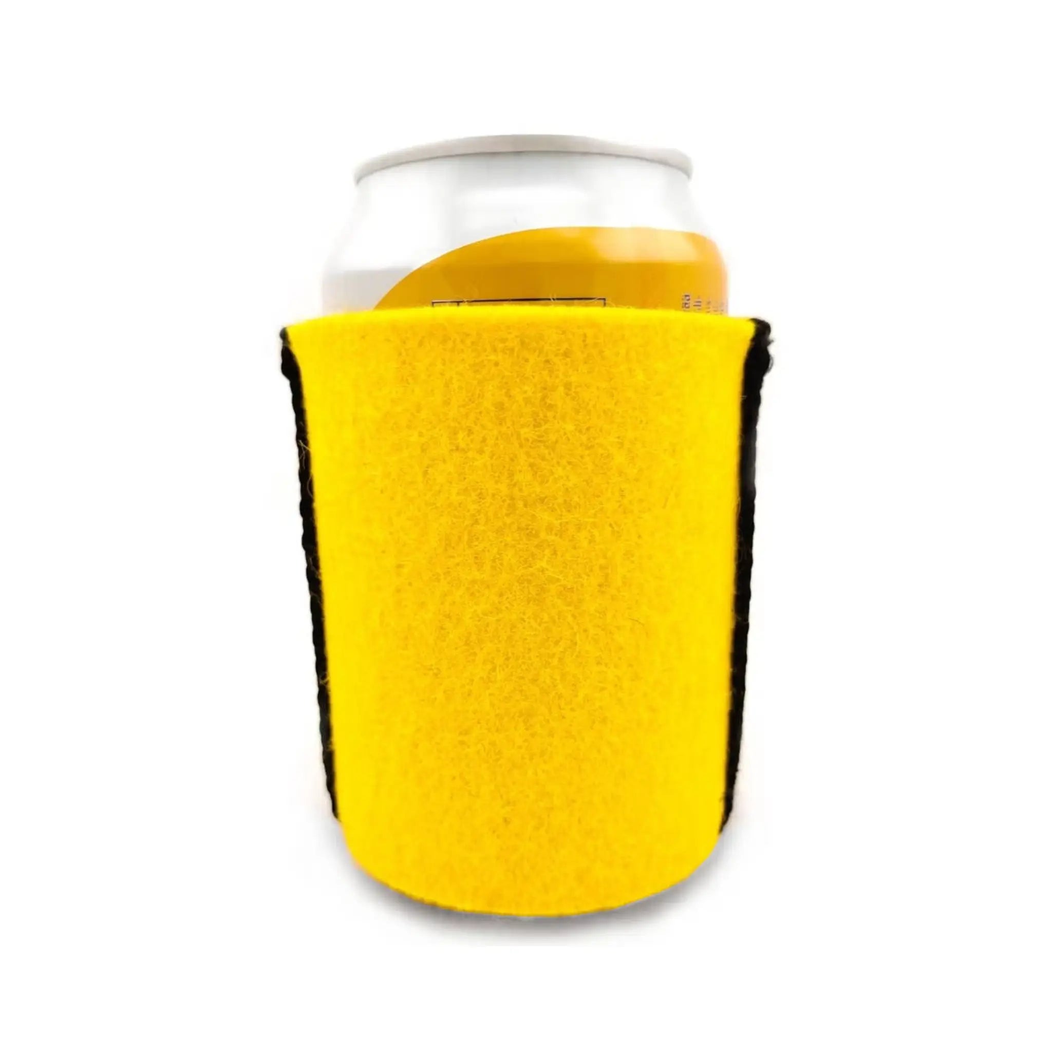Yellow wool can cooler wrapped around an aluminium drink can on a white background.