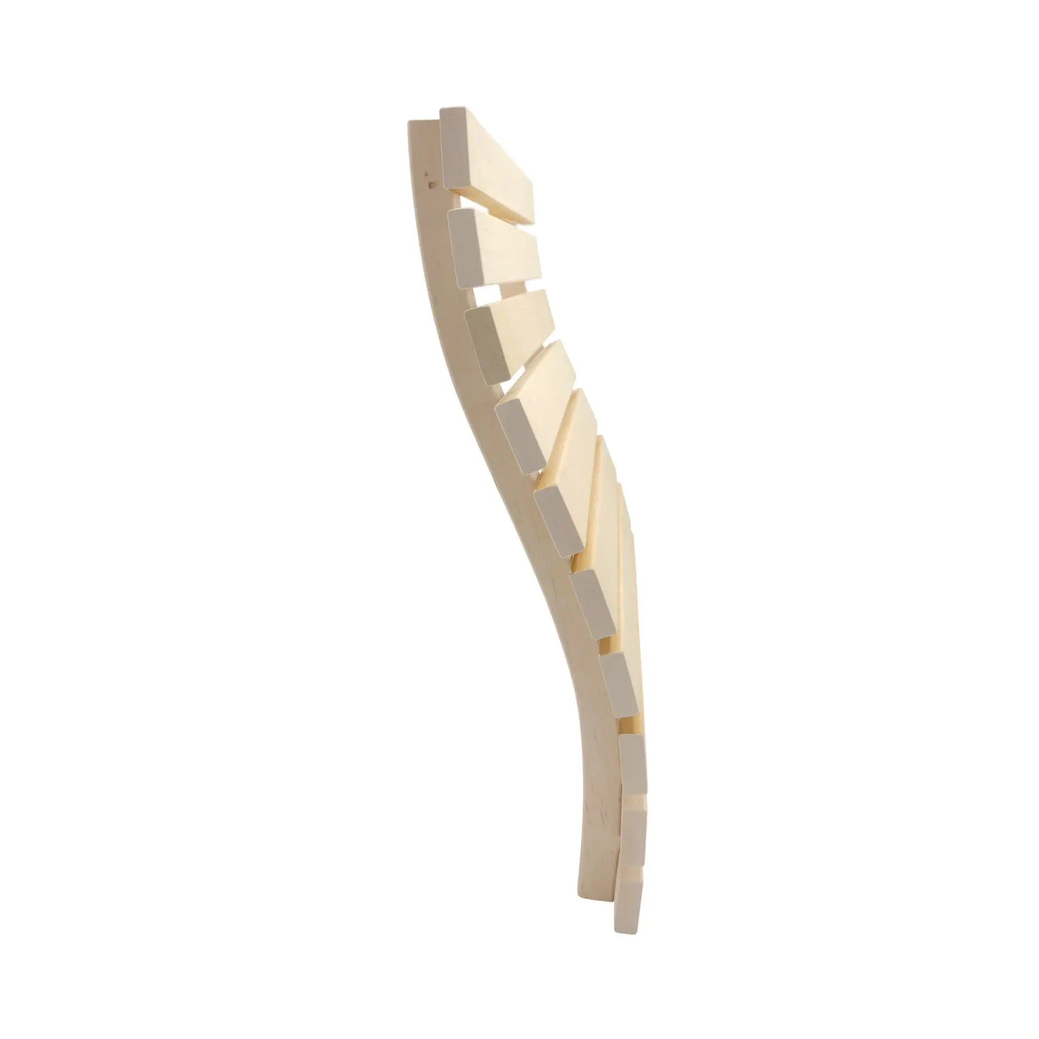 Aspen sauna bench backrest shown from the side with a curved slatted wooden design on a white background