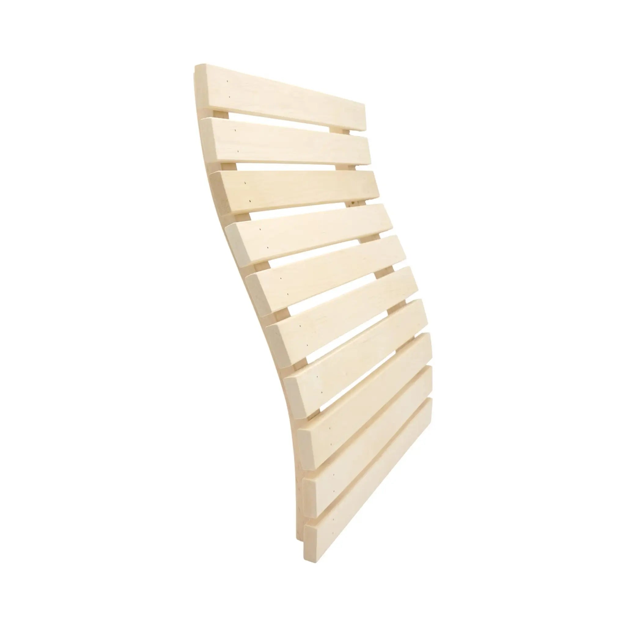 Aspen wooden sauna bench backrest with curved slats shown from the front on a white background