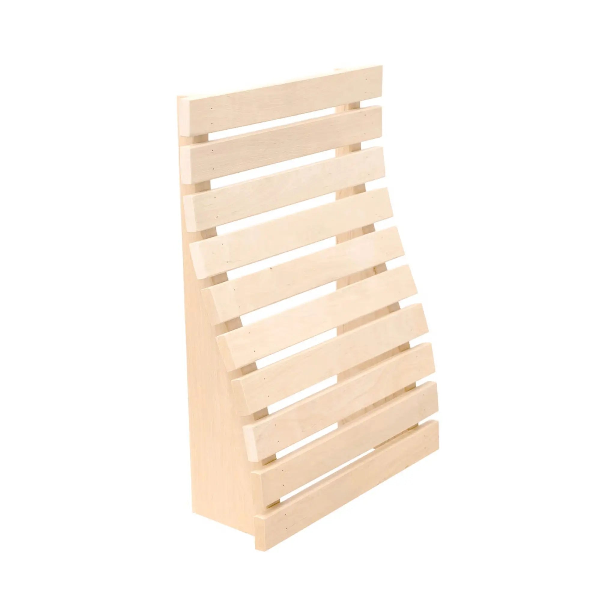 Premium sauna bench backrest in light aspen wood with a curved slatted design on a white background.