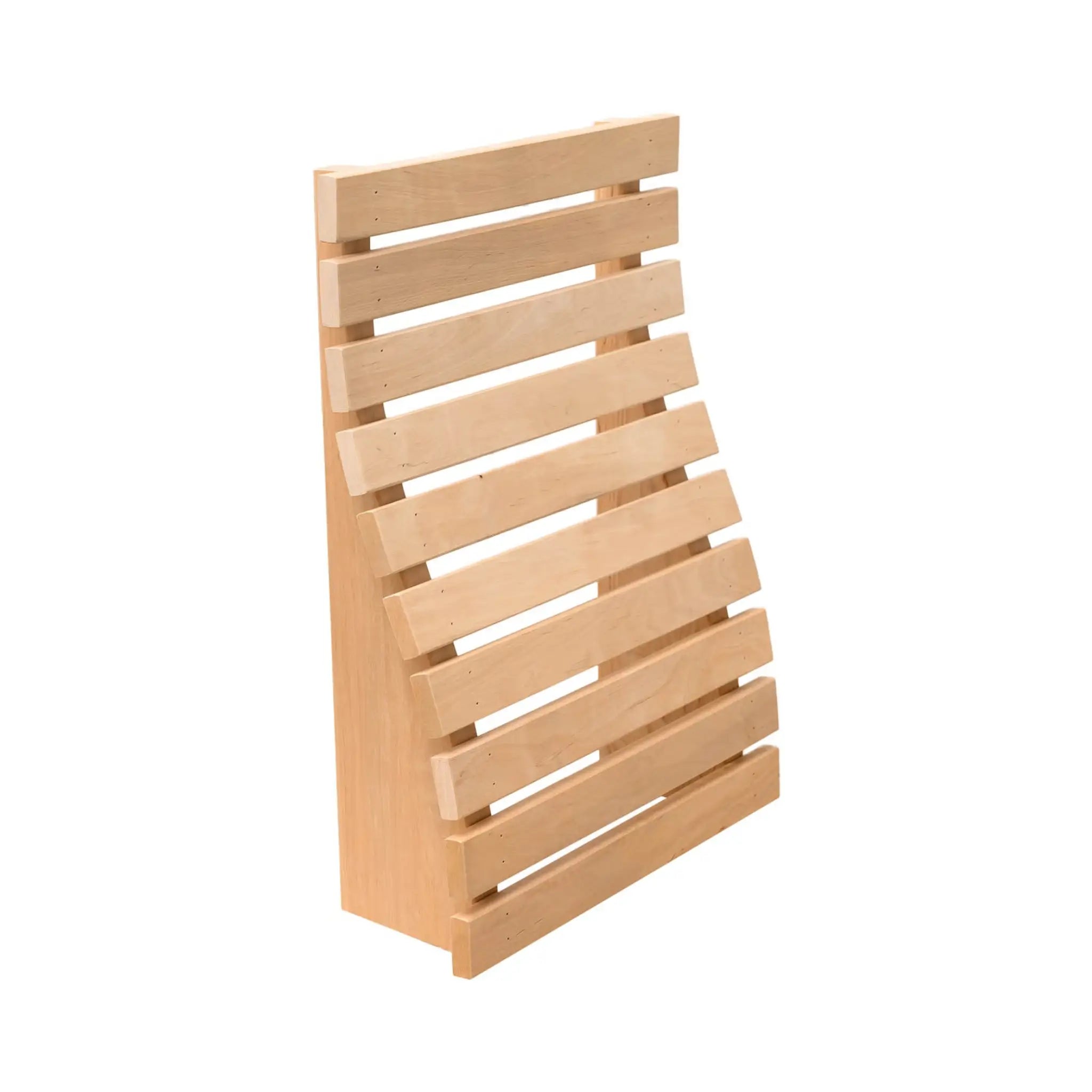 Premium sauna bench backrest in black alder wood with a warm natural finish and curved slatted structure.