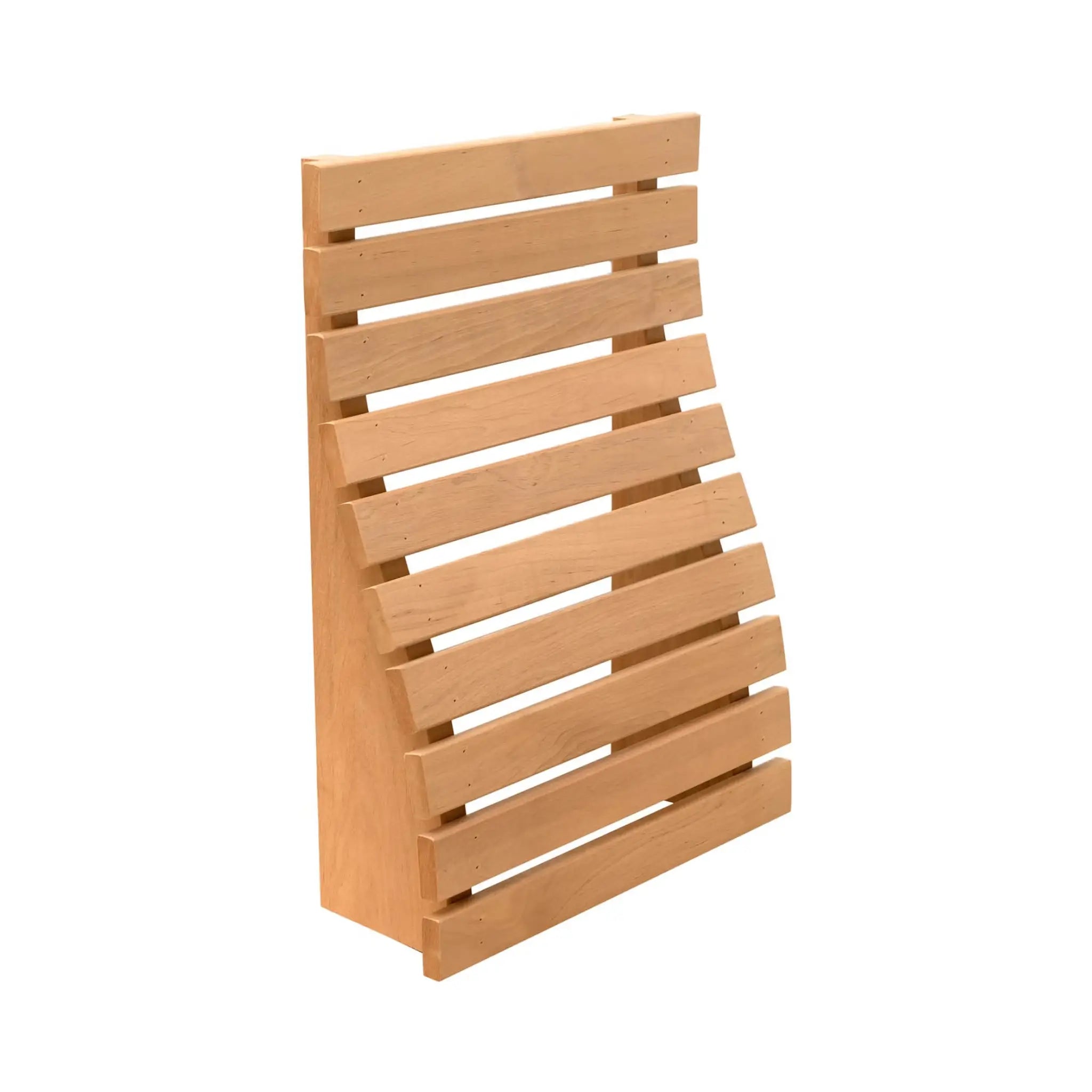 Premium sauna bench backrest in heat-treated alder wood with a rich golden tone and ergonomic curved shape.
