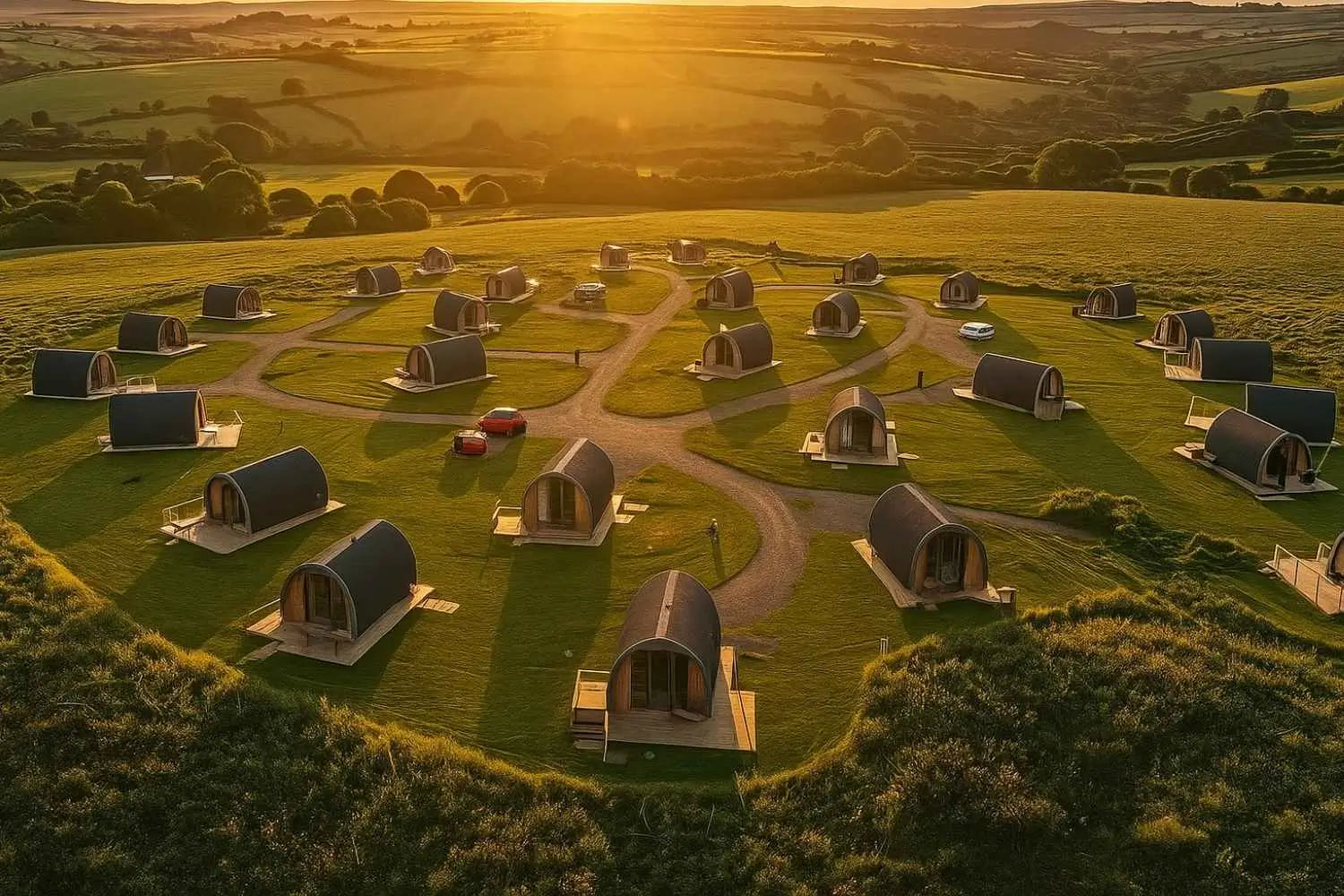 Aerial view of glamping site with multiple wooden pods showing successful site expansion in the UK.