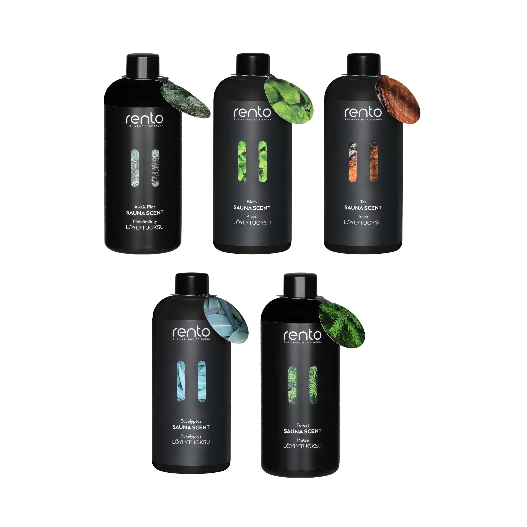 Rento Classic Finnish sauna aroma collection with Arctic Pine, Birch, Tar, Eucalyptus and Forest scents on a white background.