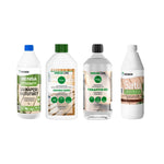 Complete Sauna Care Bundle with Rensa Sauna Cleaner, Woodcare Guide Sauna Bench Treatment, Woodcare Guide Paraffin Oil and Satu Sauna Bench Protective Coating on a white background.