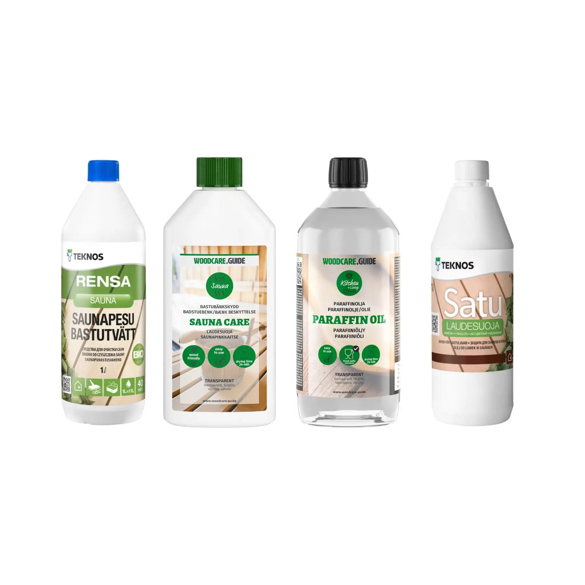 Complete Sauna Care Bundle with Rensa Sauna Cleaner, Woodcare Guide Sauna Bench Treatment, Woodcare Guide Paraffin Oil and Satu Sauna Bench Protective Coating on a white background.