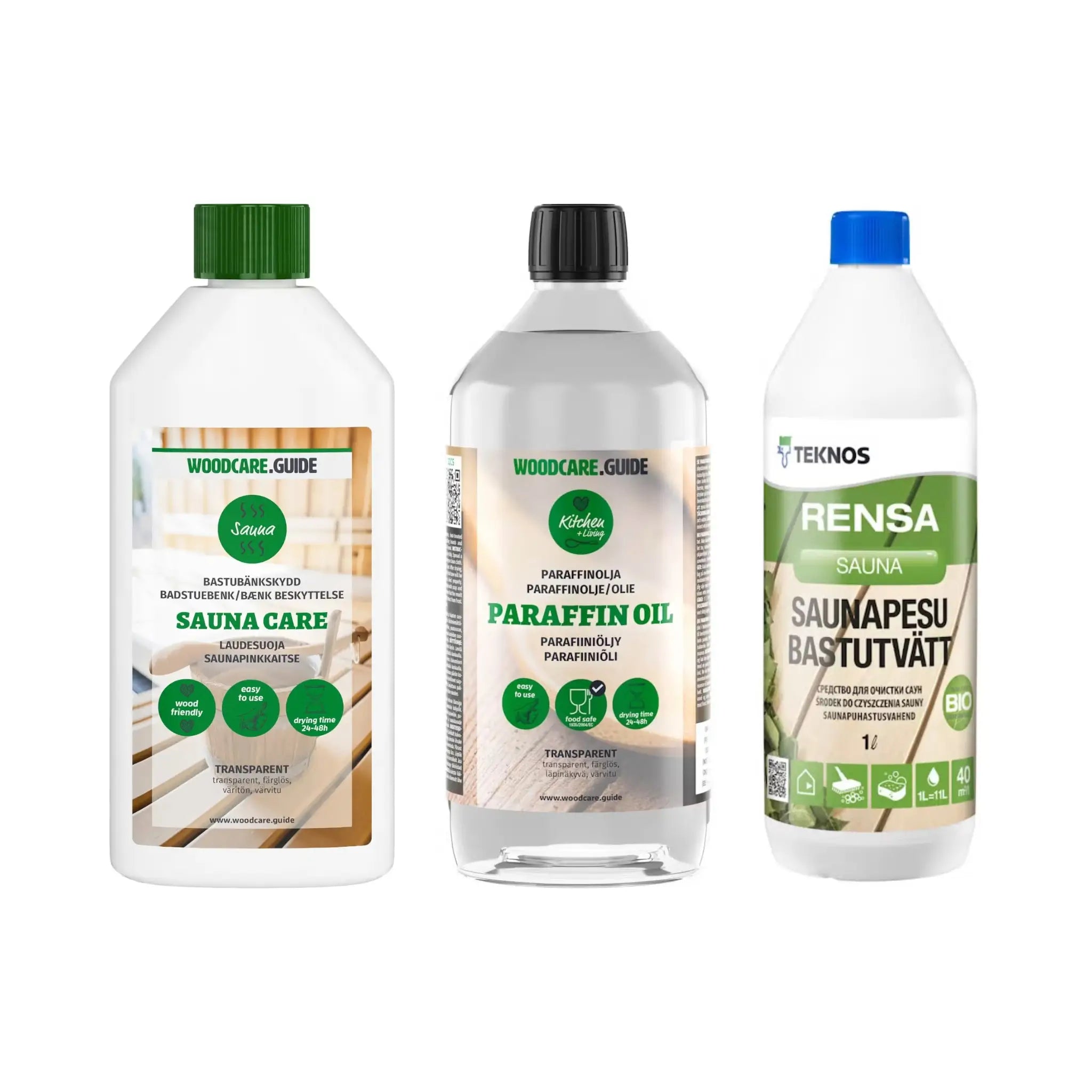 Complete Sauna Care Bundle including sauna bench protection oil, paraffin oil for timber maintenance and Teknos Rensa Sauna cleaner for sauna cleaning and wood care
