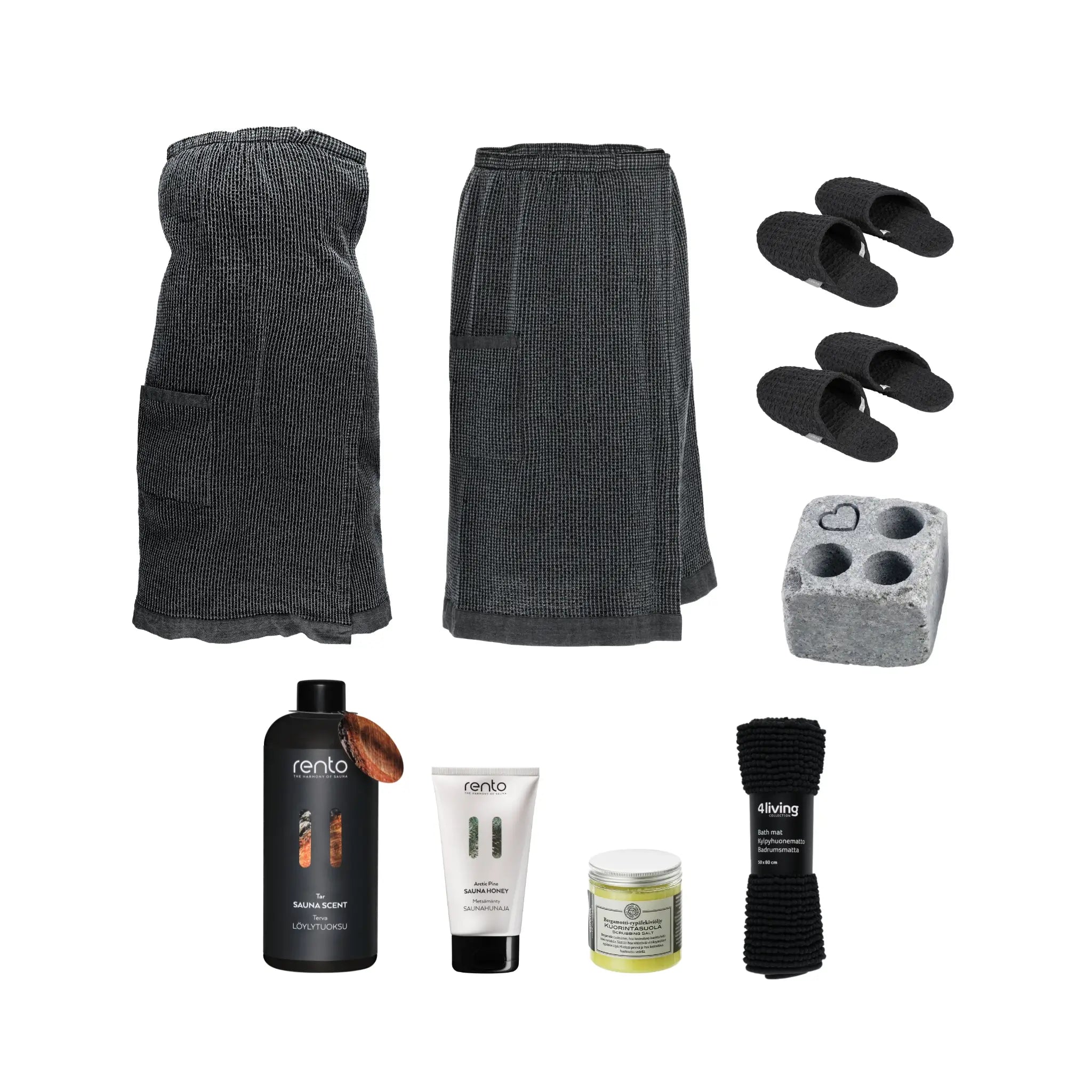 Couples sauna retreat bundle with matching wraps, slippers, steam stone, scent, honey, scrub and bath mat