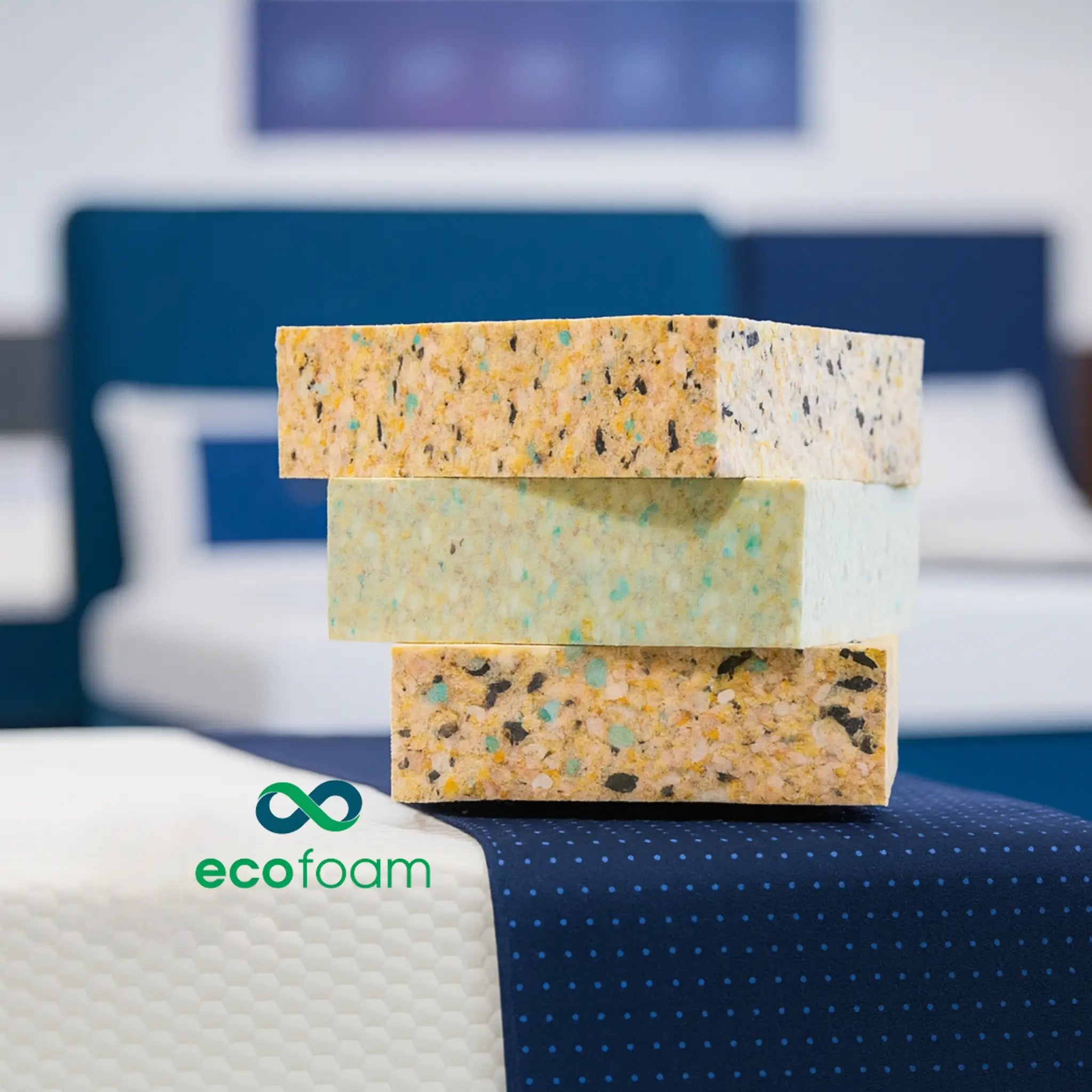 Stacked Ecofoam material blocks showing sustainable recycled foam used in the Komfi Unity Pocket Mattress.