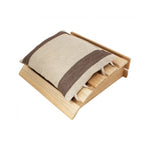 Emendo wooden sauna headrest with brown striped pillow on a white background