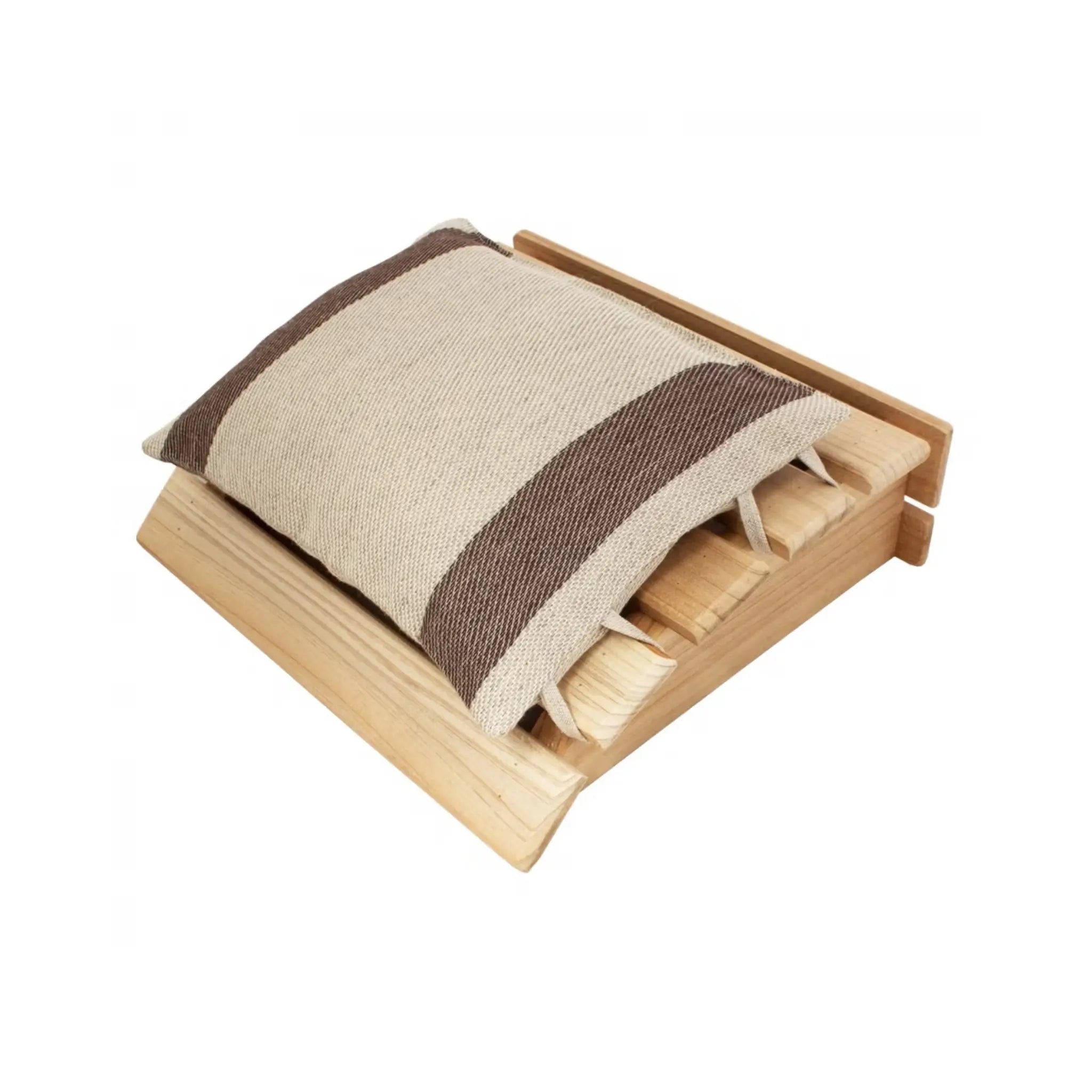 Emendo wooden sauna headrest with brown striped pillow on a white background