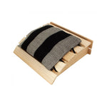 Emendo wooden sauna headrest with black striped sauna pillow on a white background