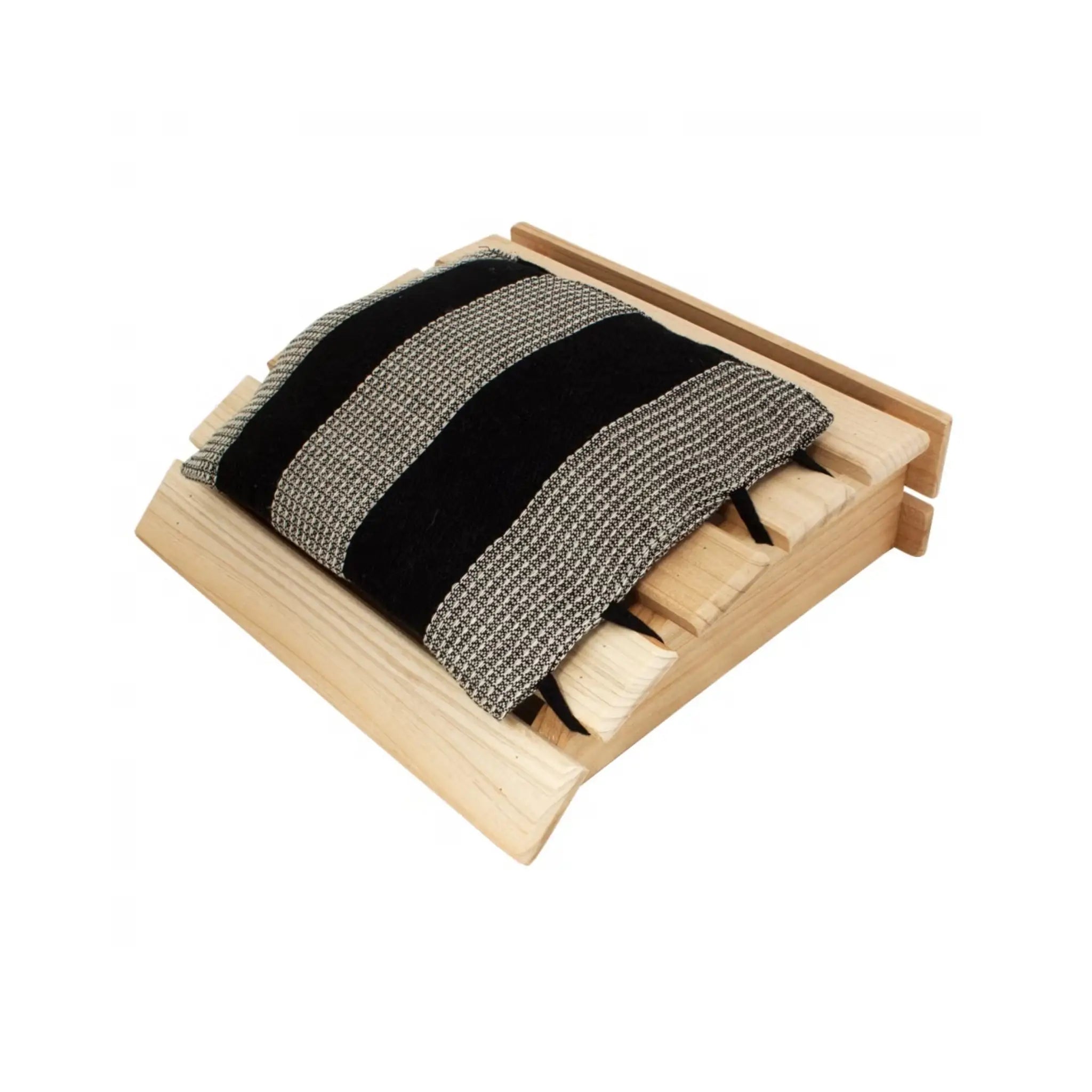 Emendo wooden sauna headrest with black striped sauna pillow on a white background