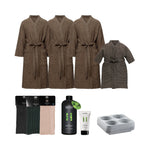 Family sauna experience set with brown adult and kids bathrobes, sauna seat covers, sauna scent, sauna honey and soapstone drink cooler