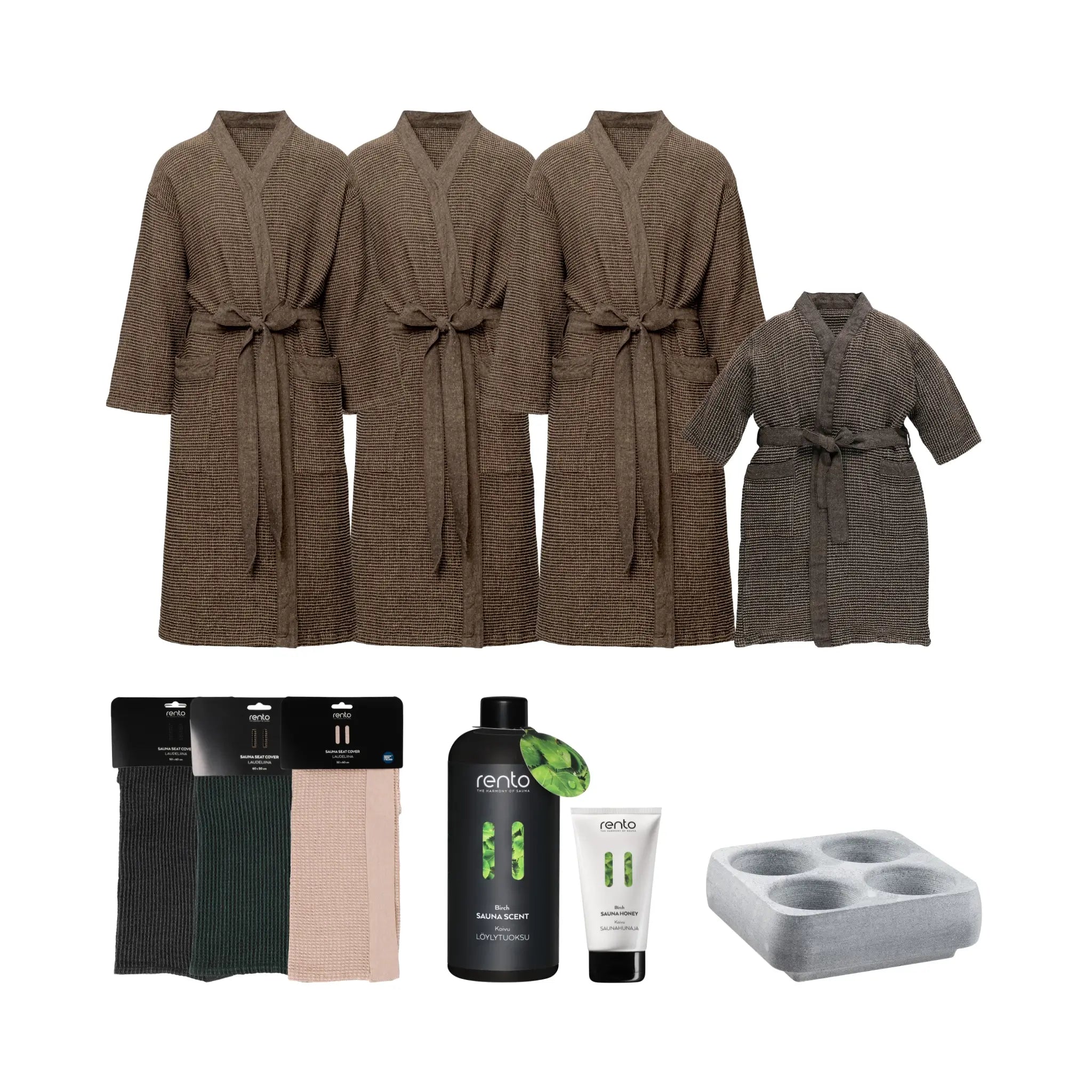 Family sauna experience set with brown adult and kids bathrobes, sauna seat covers, sauna scent, sauna honey and soapstone drink cooler