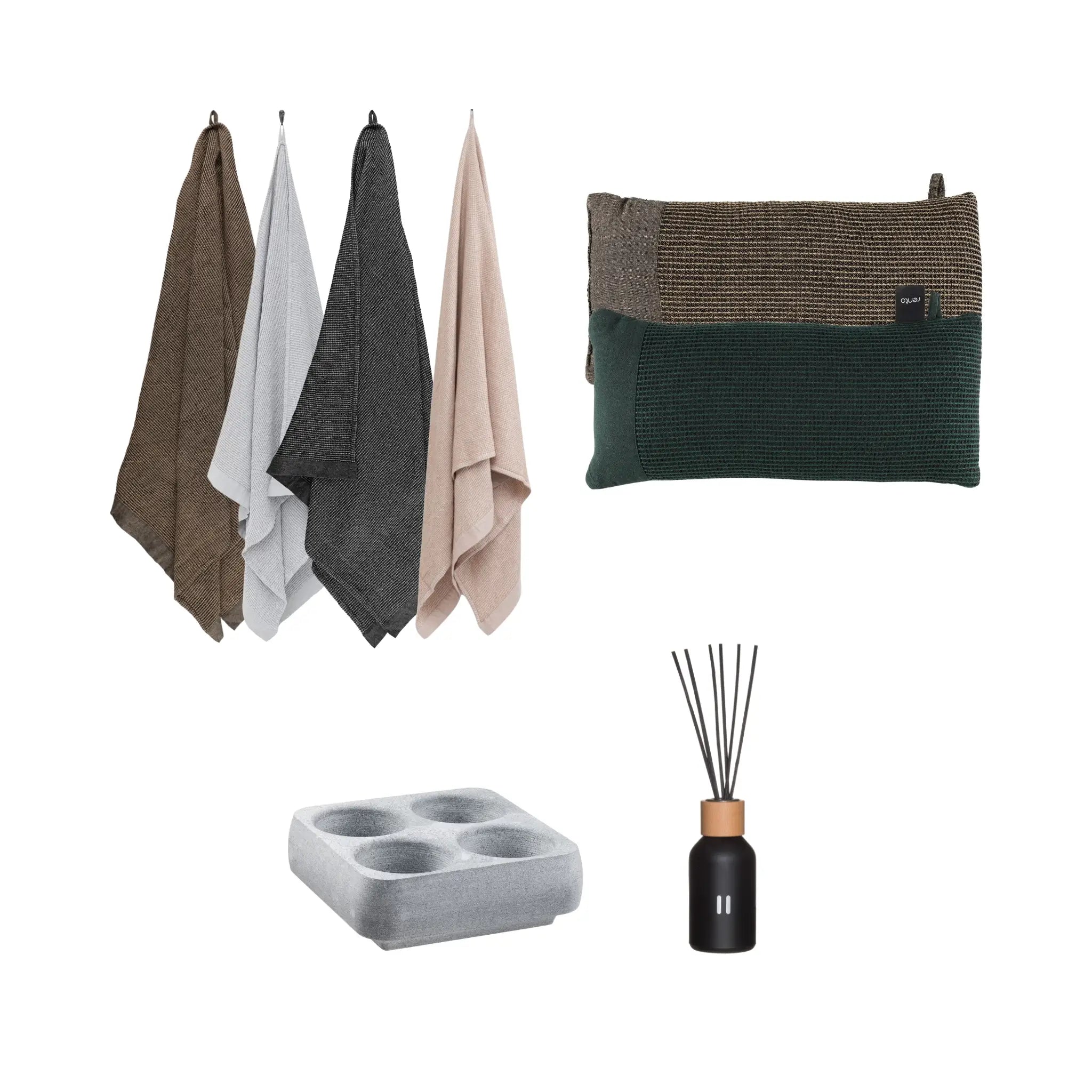 Family sauna comfort set with four waffle-textured bath towels, two sauna pillows, soapstone drink cooler and reed diffuser room scent on white background.