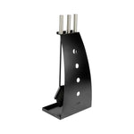 Black powder-coated steel fireplace tool kit with brushed nickel handles, ash shovel, ash brush and coal hook on a white background.