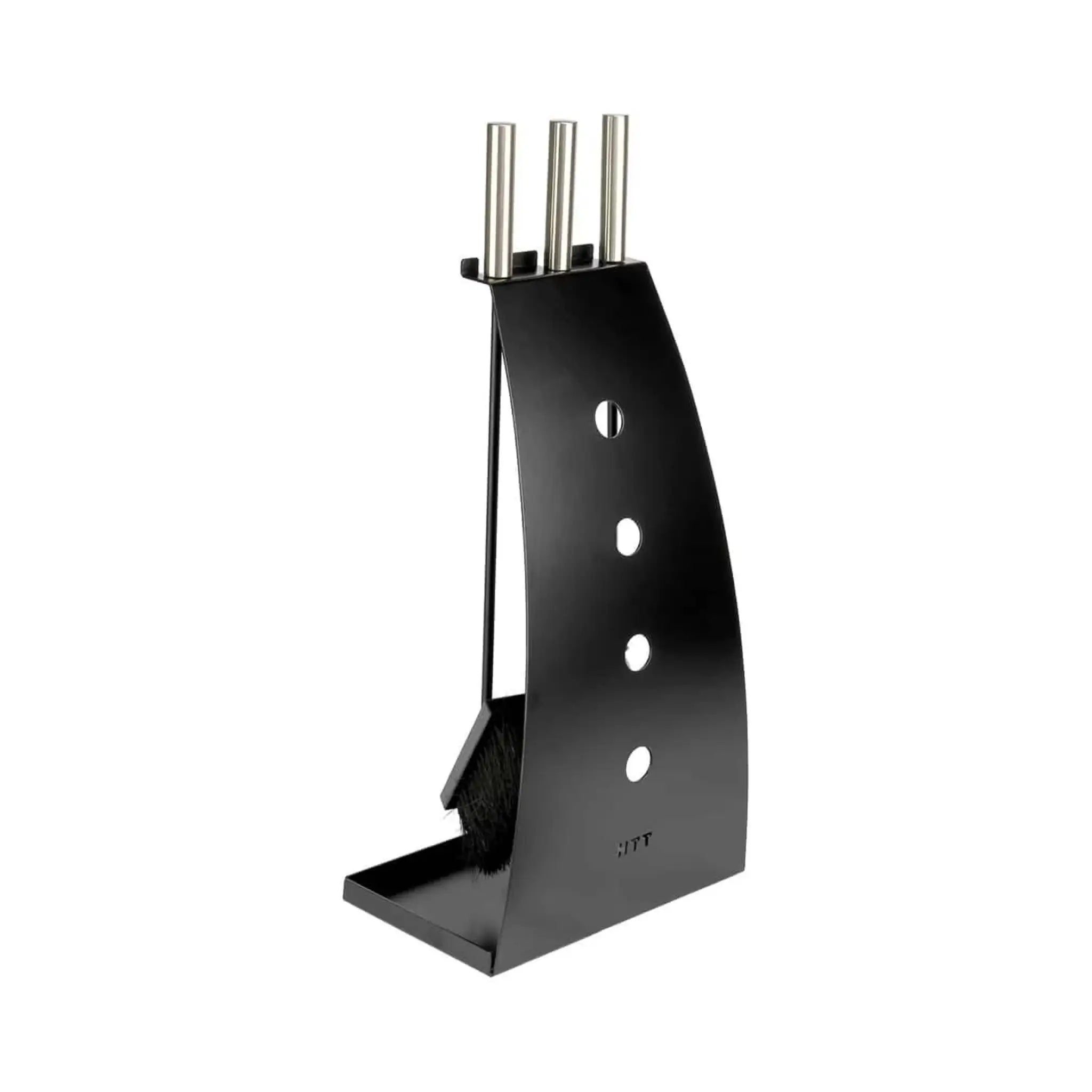 Black powder-coated steel fireplace tool kit with brushed nickel handles, ash shovel, ash brush and coal hook on a white background.