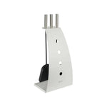 White powder-coated steel fireplace tool kit with brushed nickel handles, ash shovel, ash brush and coal hook on a white background.