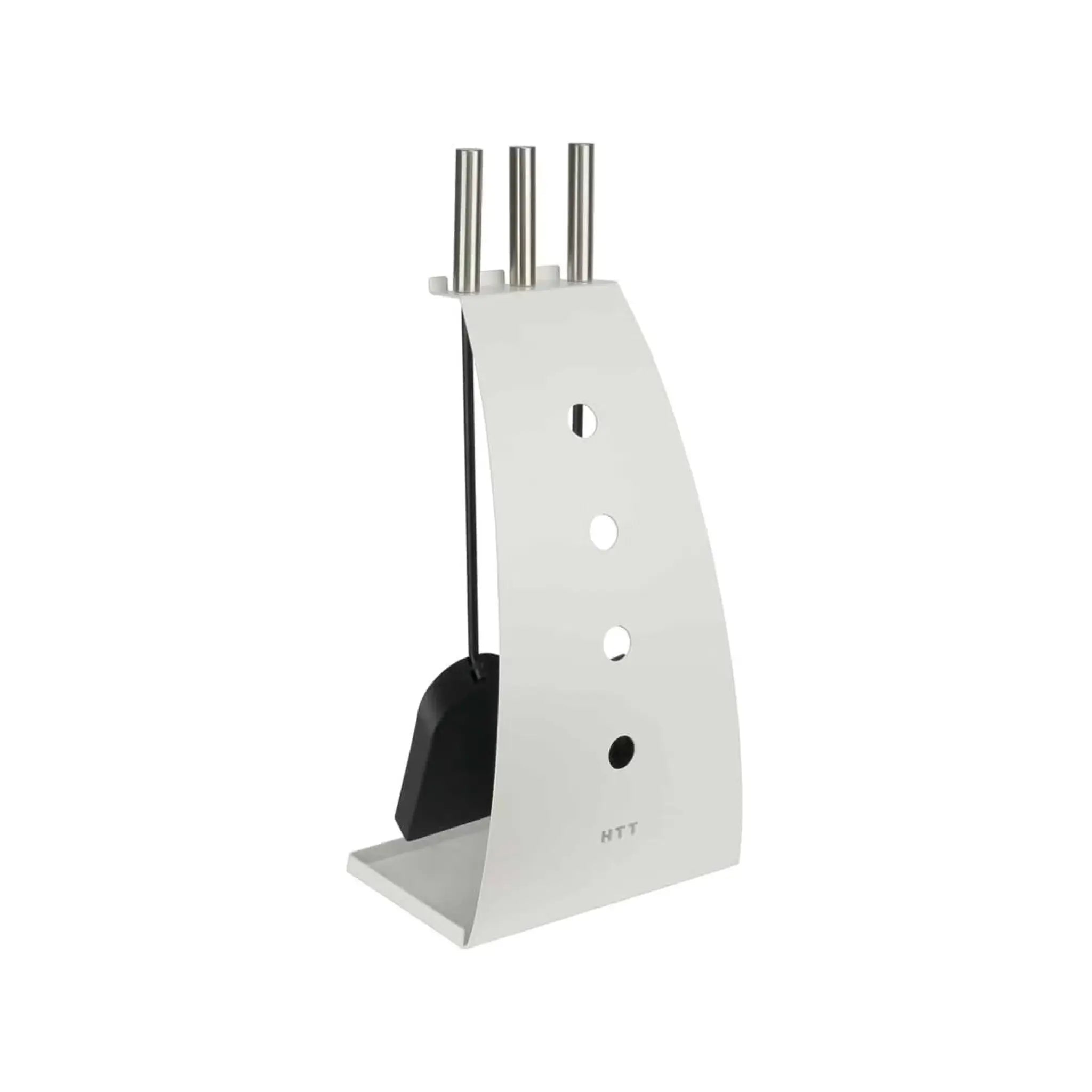 White powder-coated steel fireplace tool kit with brushed nickel handles, ash shovel, ash brush and coal hook on a white background.