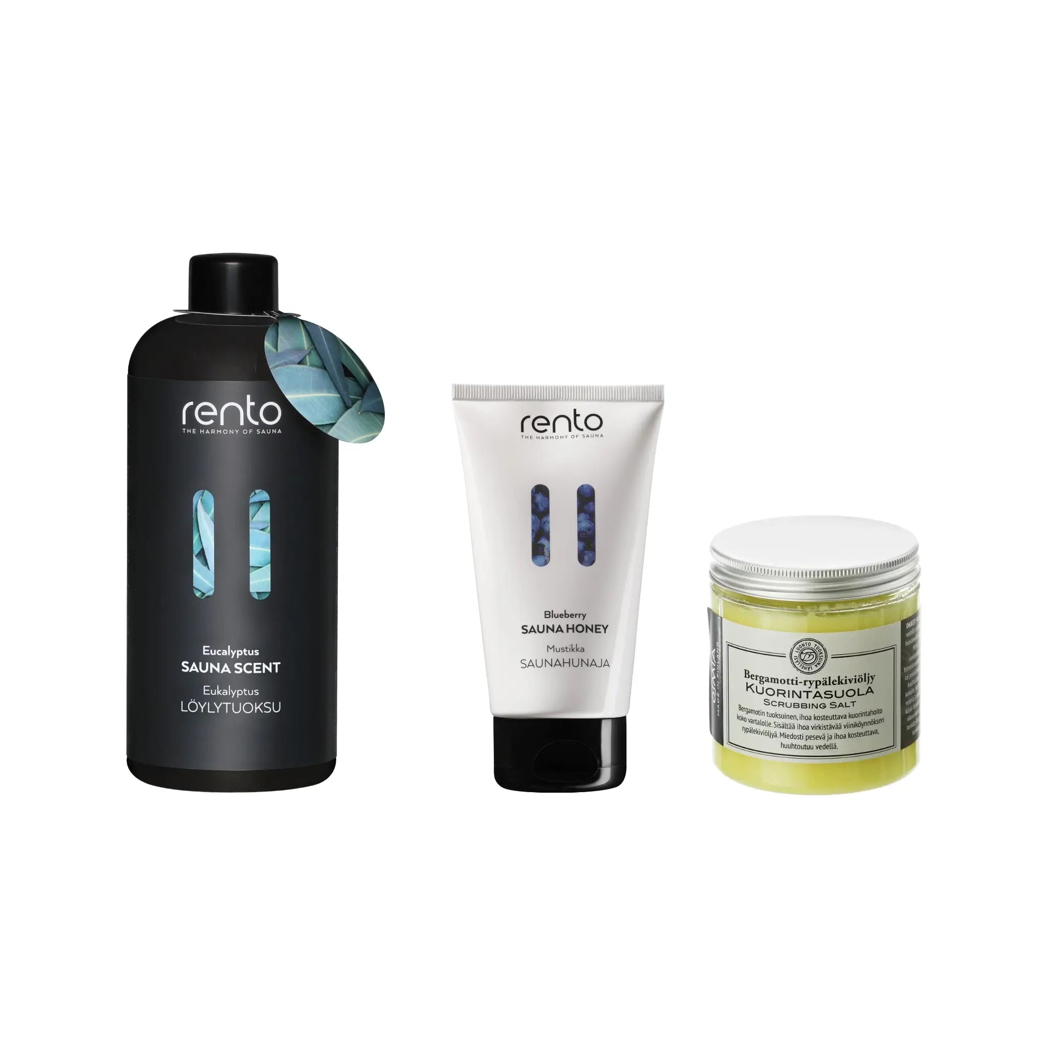 Fresh Spa Ritual with Rento Eucalyptus Sauna Scent, Rento Blueberry Sauna Honey and Osmia Bergamot Scrubbing Salt on a white background.