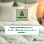 GlampLaunch exclusivity badge displayed over a luxury double bed, highlighting that GlampLaunch is the UK’s official supplier of commercial glamping mattresses.