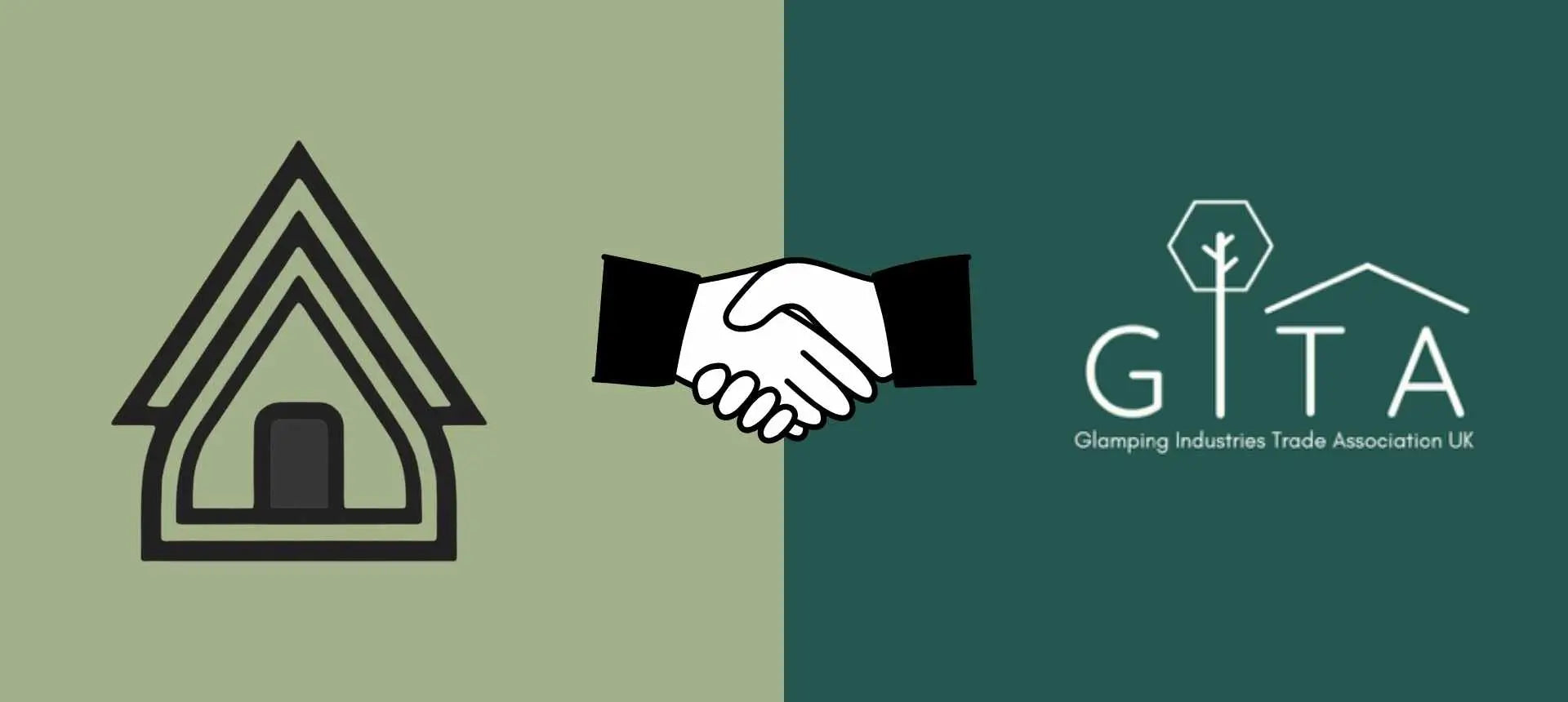 Graphic showing GlampLaunch’s logo shaking hands with GITA (Glamping Industries Trade Association UK), symbolising Taylor Glass joining as the youngest director in July 2025.
