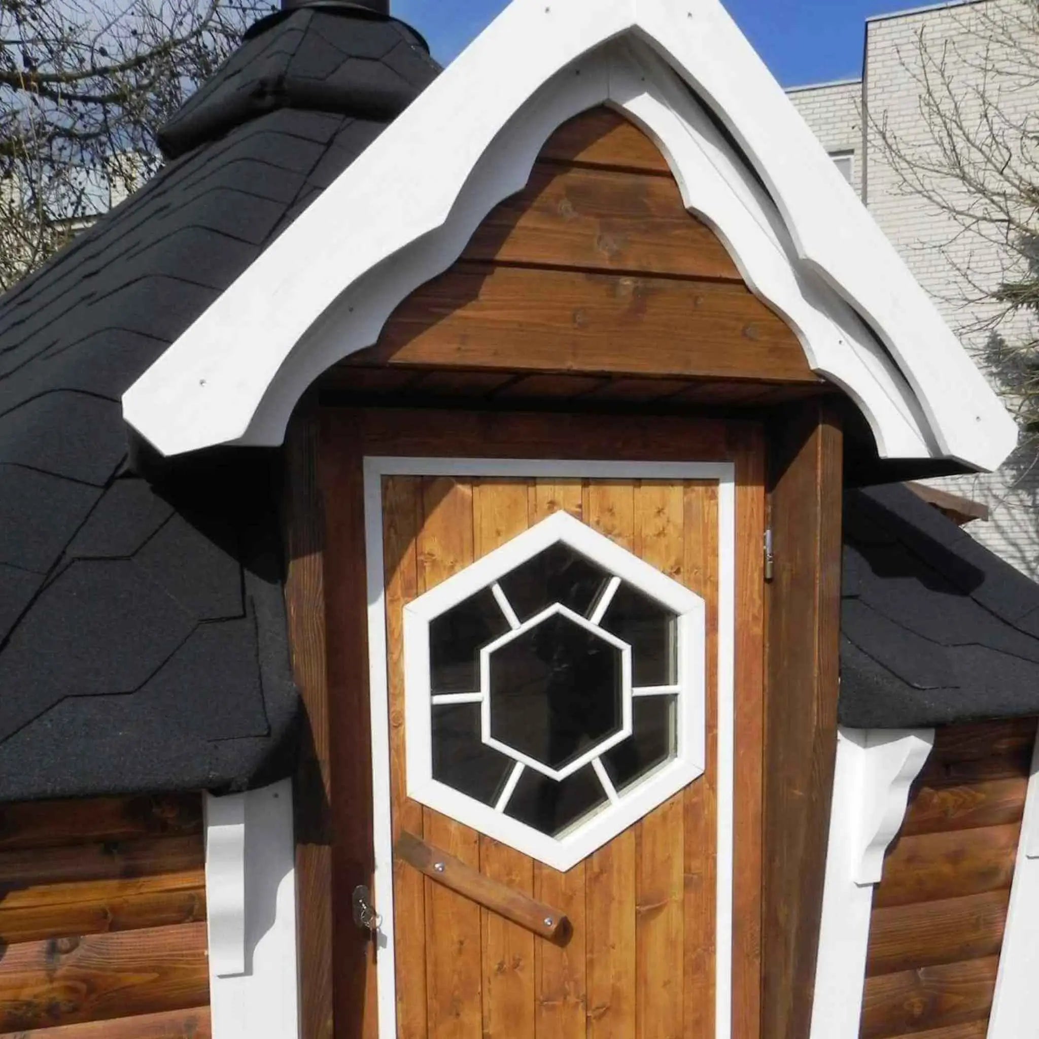 Cabin Door with Hexagon Glass Window Detail