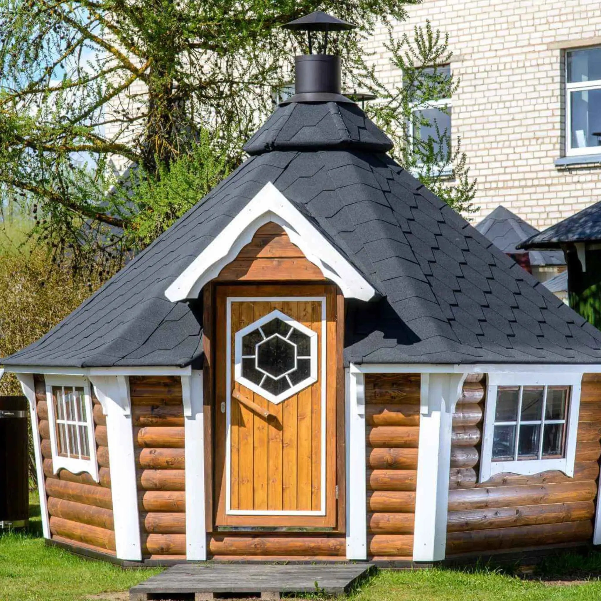 Brown Cabin Front with Centered Door and Trim