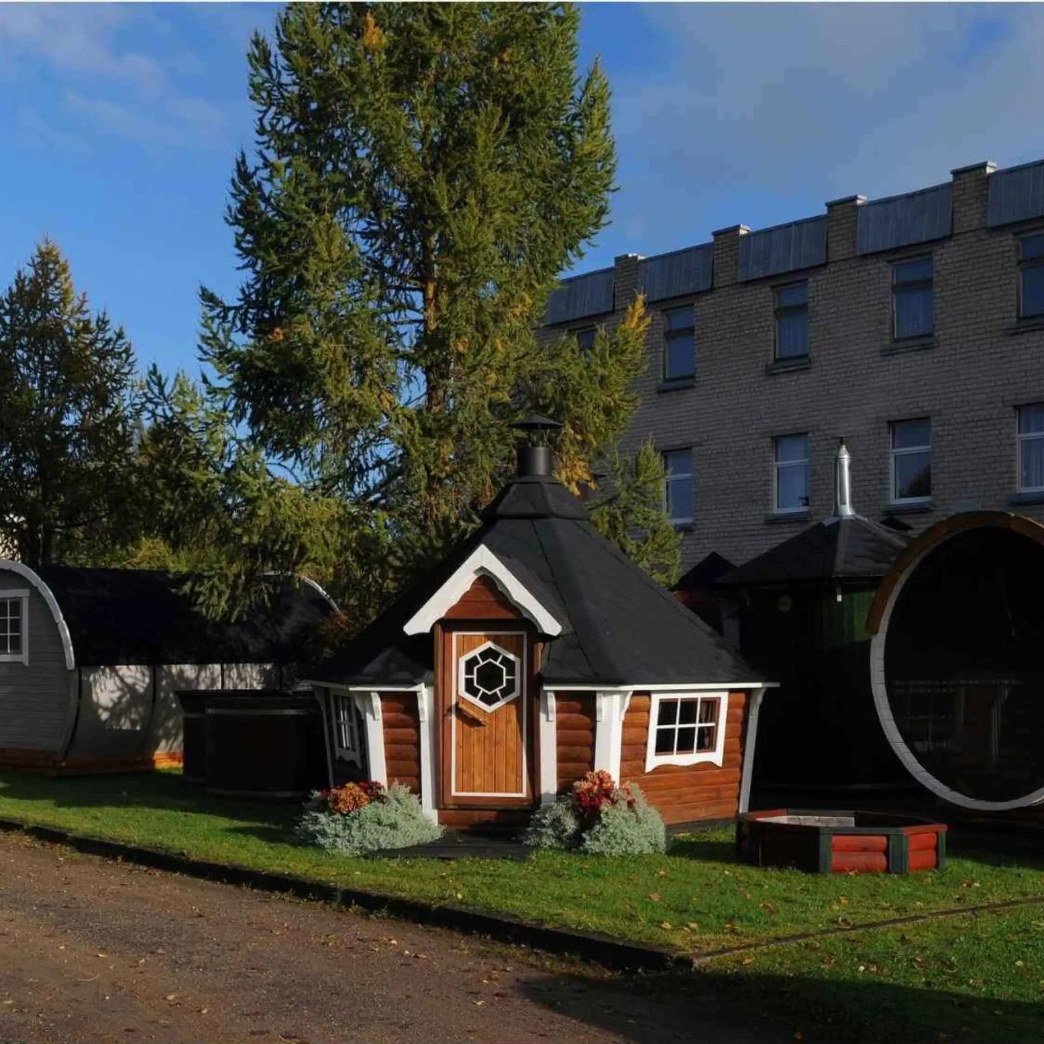 Front View of Brown Glamping Cabin for Two
