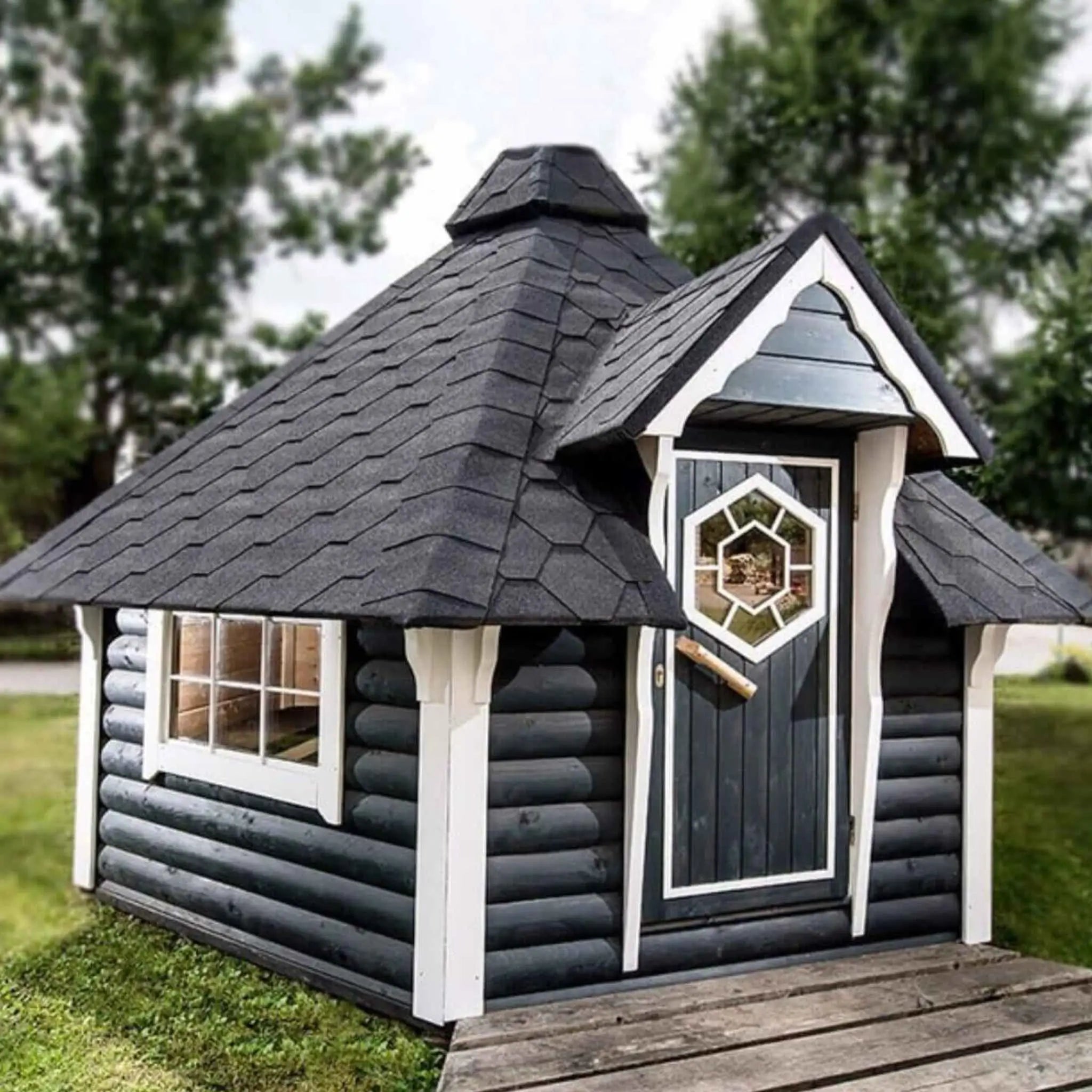 Grey Exterior Glamping Cabin with Front Porch