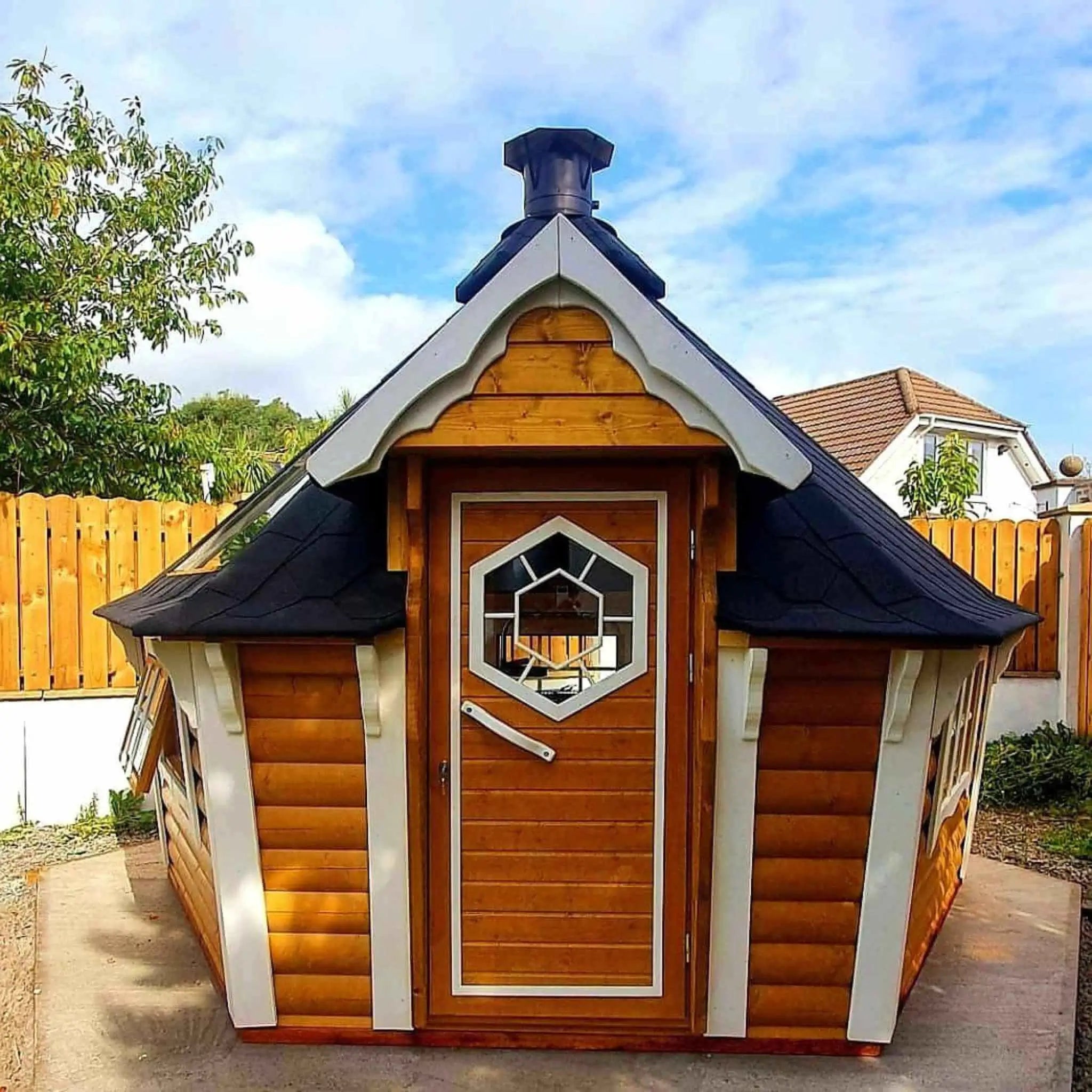 Yellow Glamping Cabin Front with Wide Window