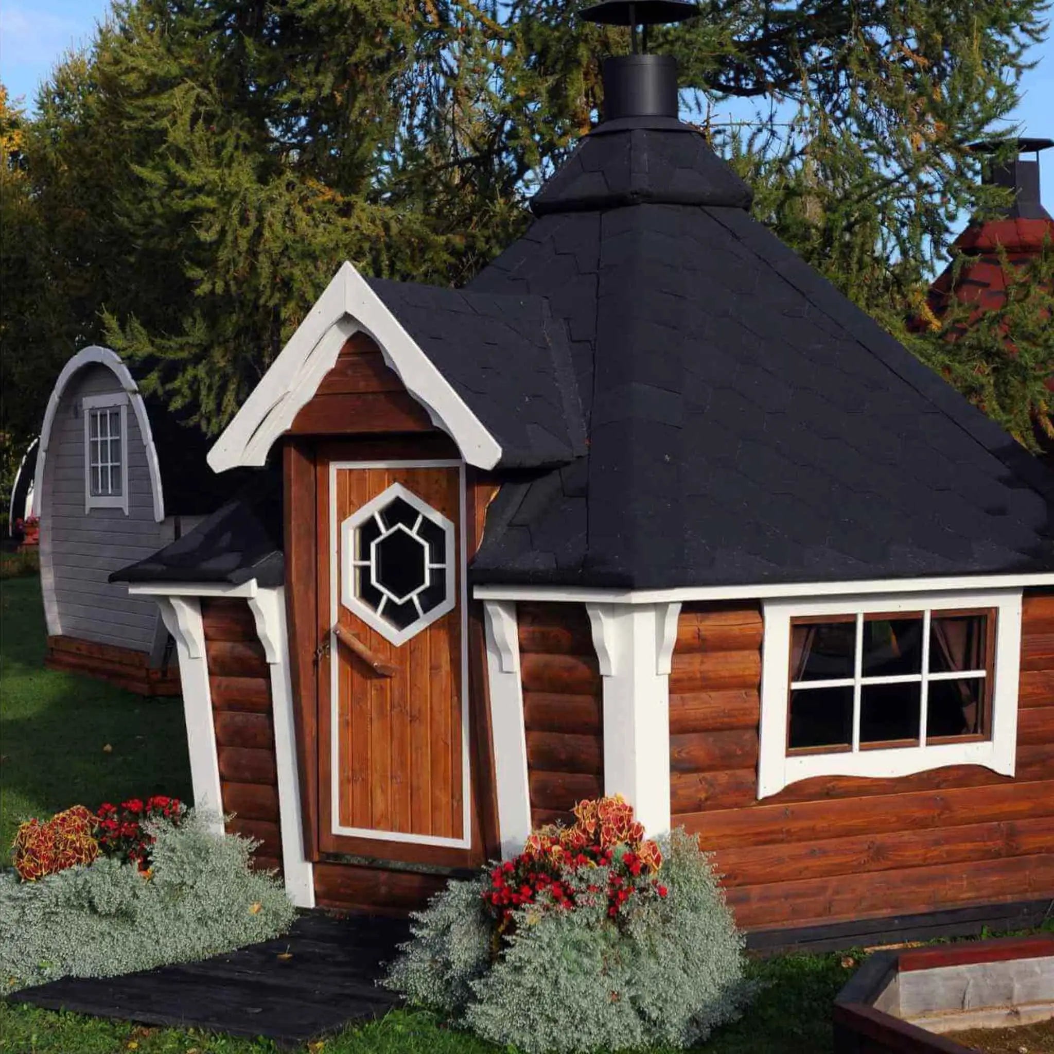 Angled View of Brown Cabin Showing Side Layout