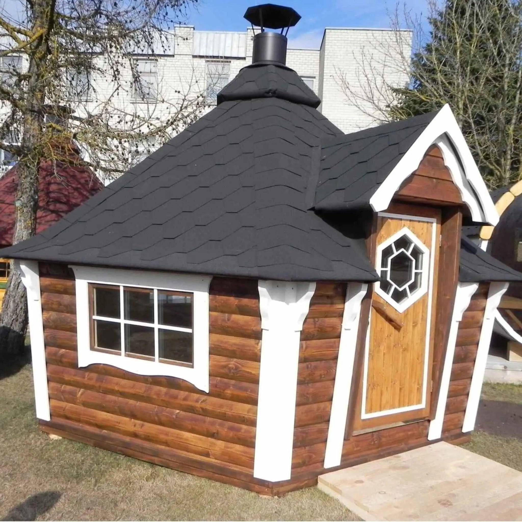 Rear Side Angle of Brown Glamping Cabin