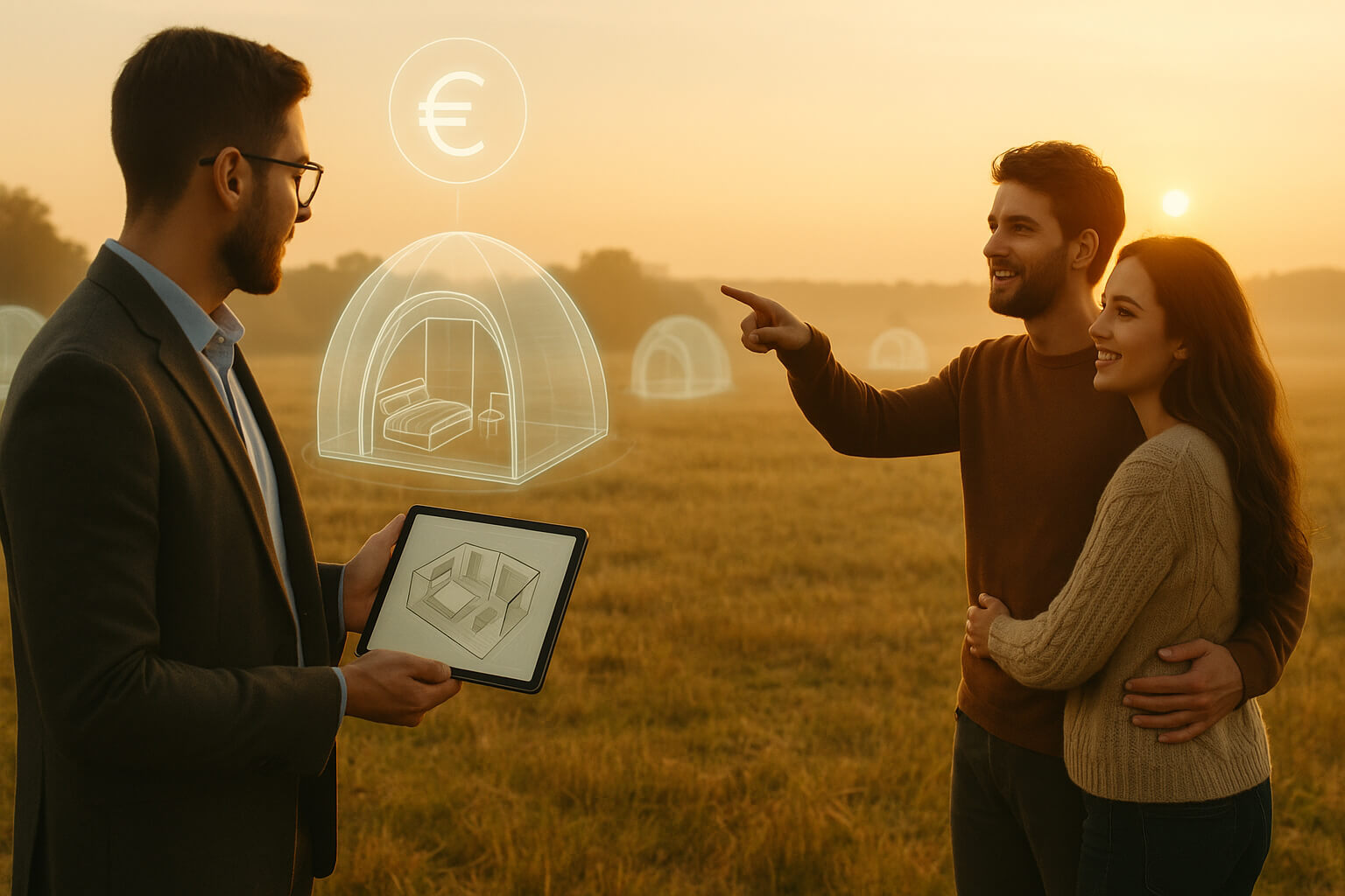 A glamping consultant shows a digital pod layout to a couple in a rural field at sunrise, with holographic glamping pods and a euro symbol floating above, symbolizing affiliate revenue from referrals.