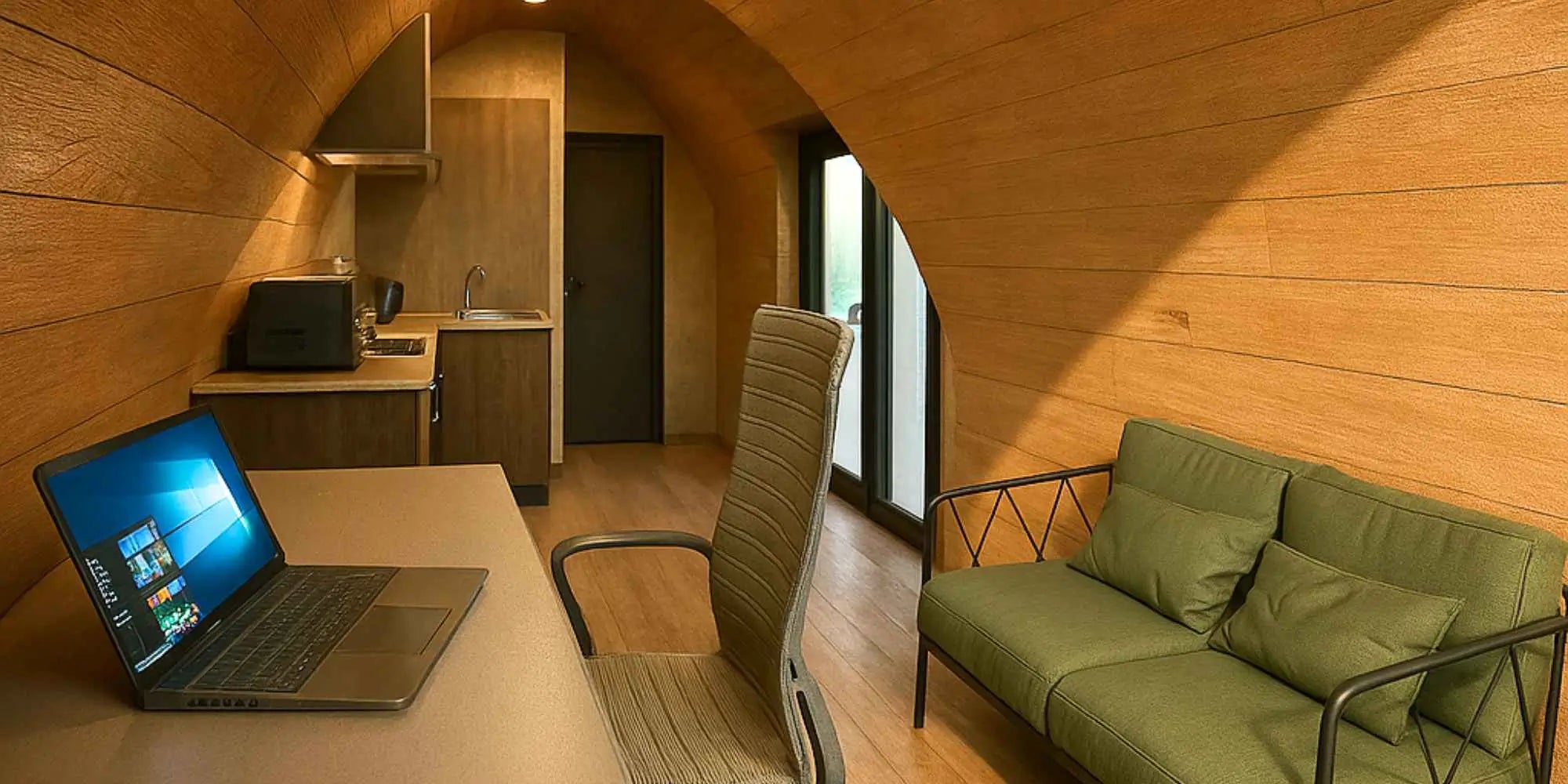 Interior of a luxury glamping pod featuring a desk with a laptop, green sofa, kitchenette, and natural wood finish.